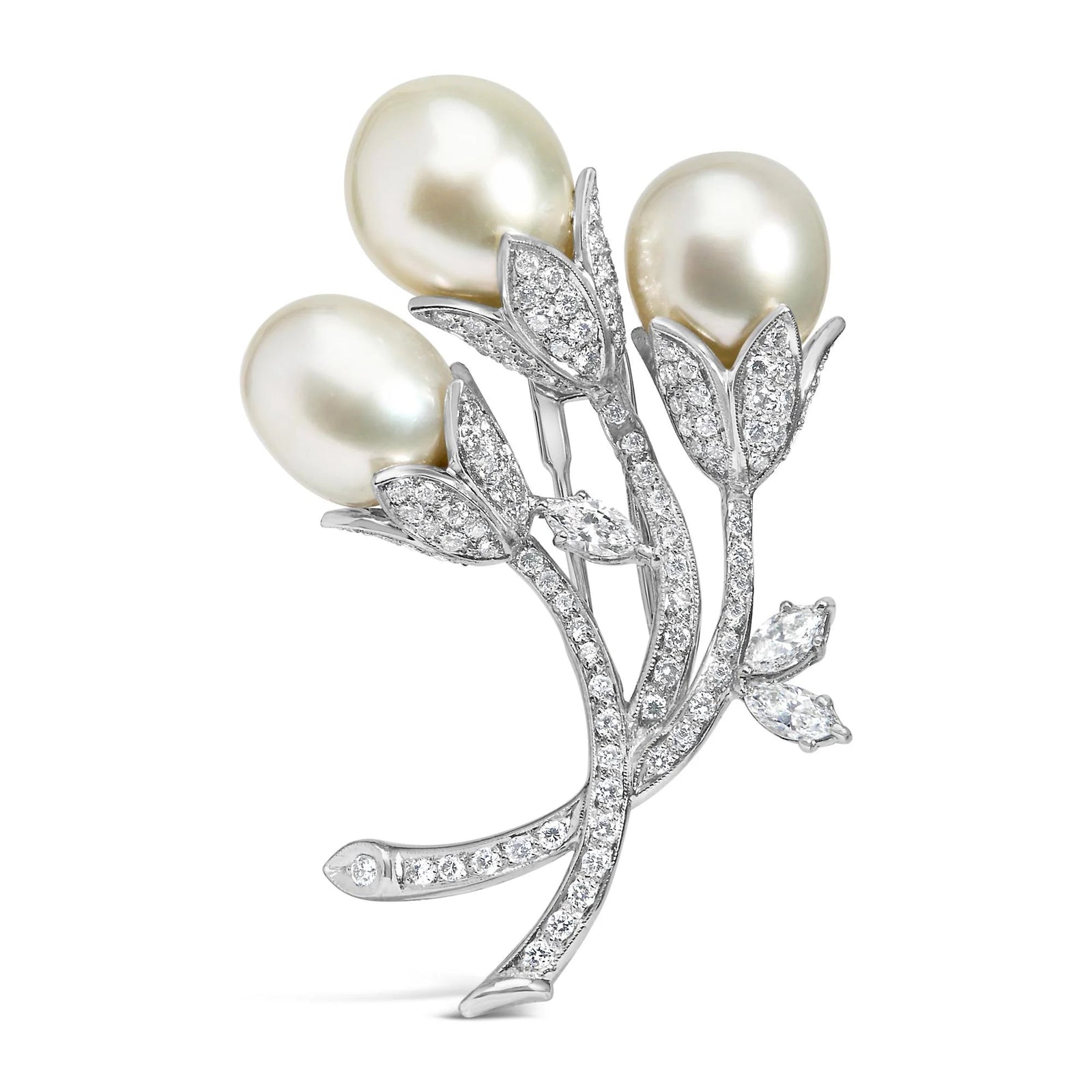 18K White Gold 2 1/5 Cttw Diamond and South Sea Pearl Floral Brooch Pin (G - H Color, VS1 - VS2 Clarity) - LinkagejewelrydesignLinkagejewelrydesign