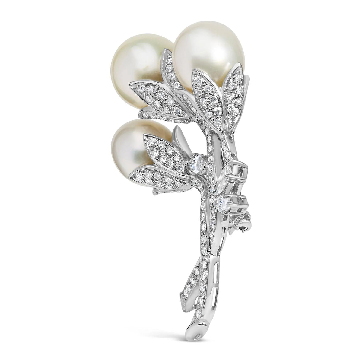 18K White Gold 2 1/5 Cttw Diamond and South Sea Pearl Floral Brooch Pin (G - H Color, VS1 - VS2 Clarity) - LinkagejewelrydesignLinkagejewelrydesign
