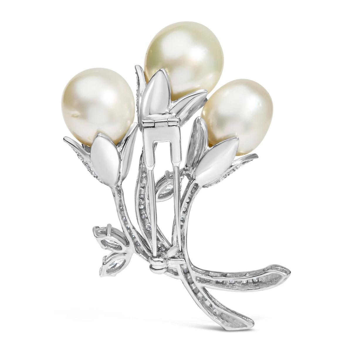 18K White Gold 2 1/5 Cttw Diamond and South Sea Pearl Floral Brooch Pin (G - H Color, VS1 - VS2 Clarity) - LinkagejewelrydesignLinkagejewelrydesign