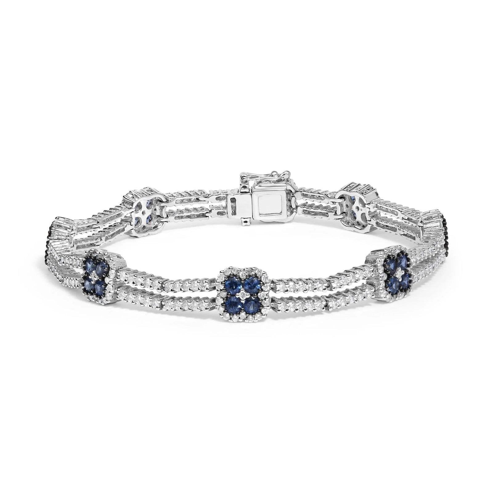 18K White Gold 2 3/4 Cttw Diamond and 3x3MM Sapphire Double Row Link Bracelet (G - H Color, VS1 - VS2 Clarity) - 7" Inches - LinkagejewelrydesignLinkagejewelrydesign