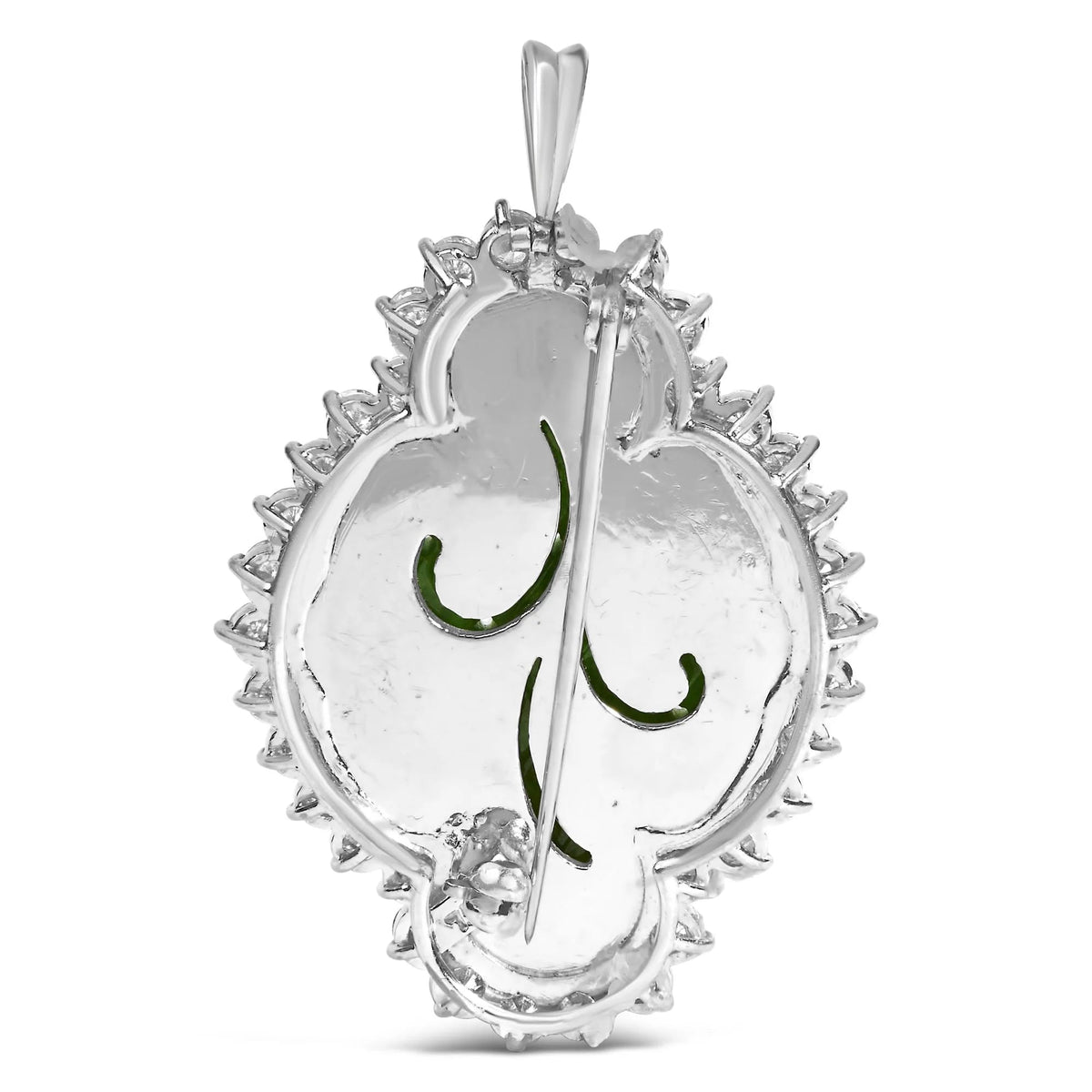 18K White Gold 2.00 Cttw Diamond Halo and Jade Shield Brooch Pin and Pendant (G - H Color, VS1 - VS2 Clarity) CHAIN NOT INCLUDED - LinkagejewelrydesignLinkagejewelrydesign