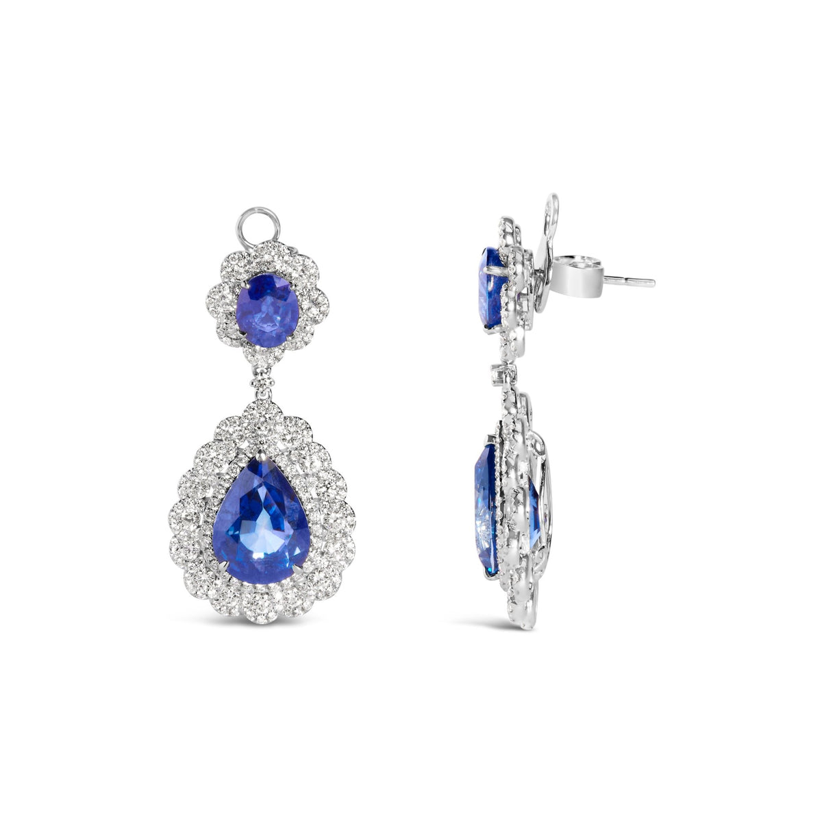 18K White Gold 25.0 Cttw Blue Sapphire and Diamond 4 5/8 Cttw Diamond Halo Dangle Earring (G - H Color, SI1 - SI2 Clarity) - LinkagejewelrydesignLinkagejewelrydesign