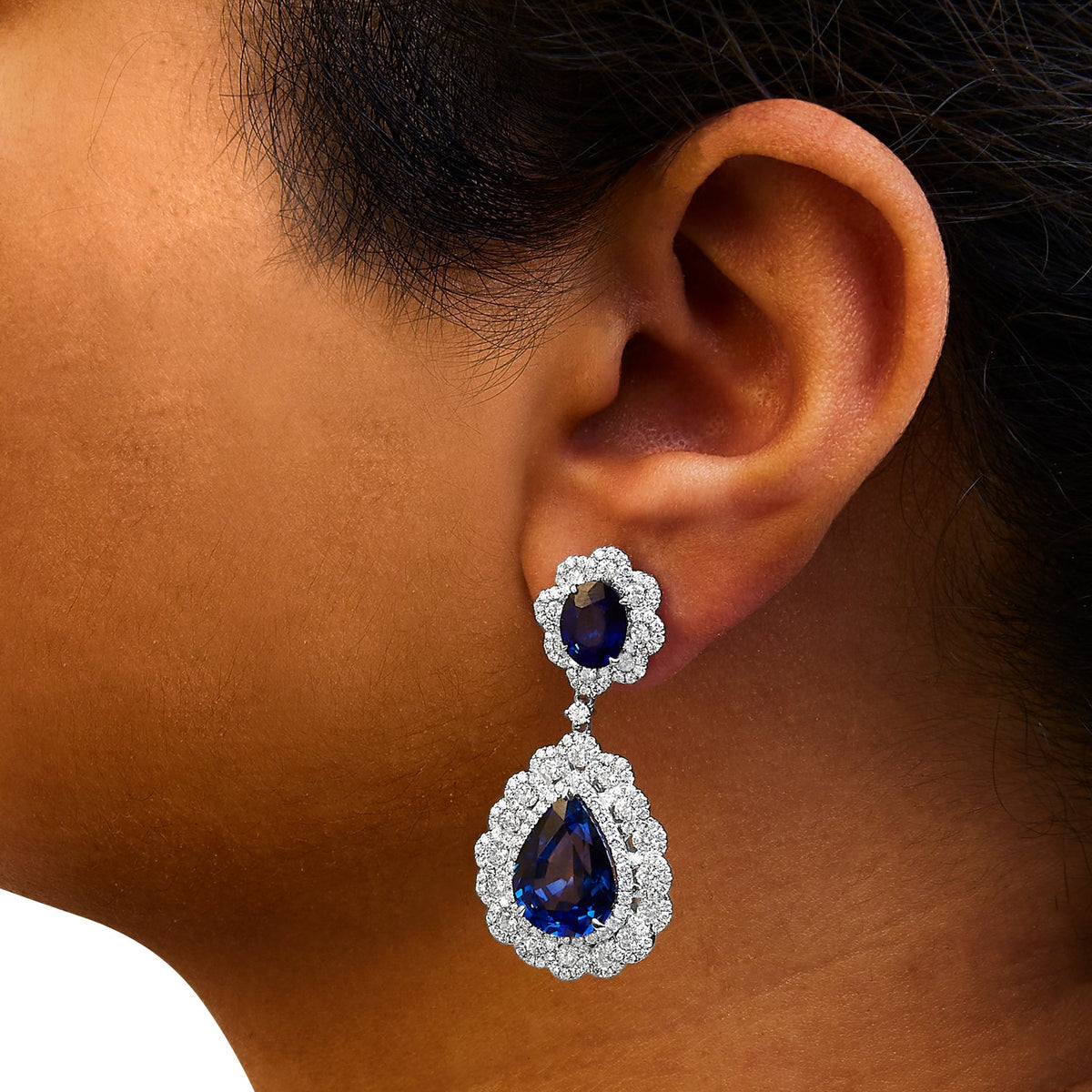 18K White Gold 25.0 Cttw Blue Sapphire and Diamond 4 5/8 Cttw Diamond Halo Dangle Earring (G - H Color, SI1 - SI2 Clarity) - LinkagejewelrydesignLinkagejewelrydesign
