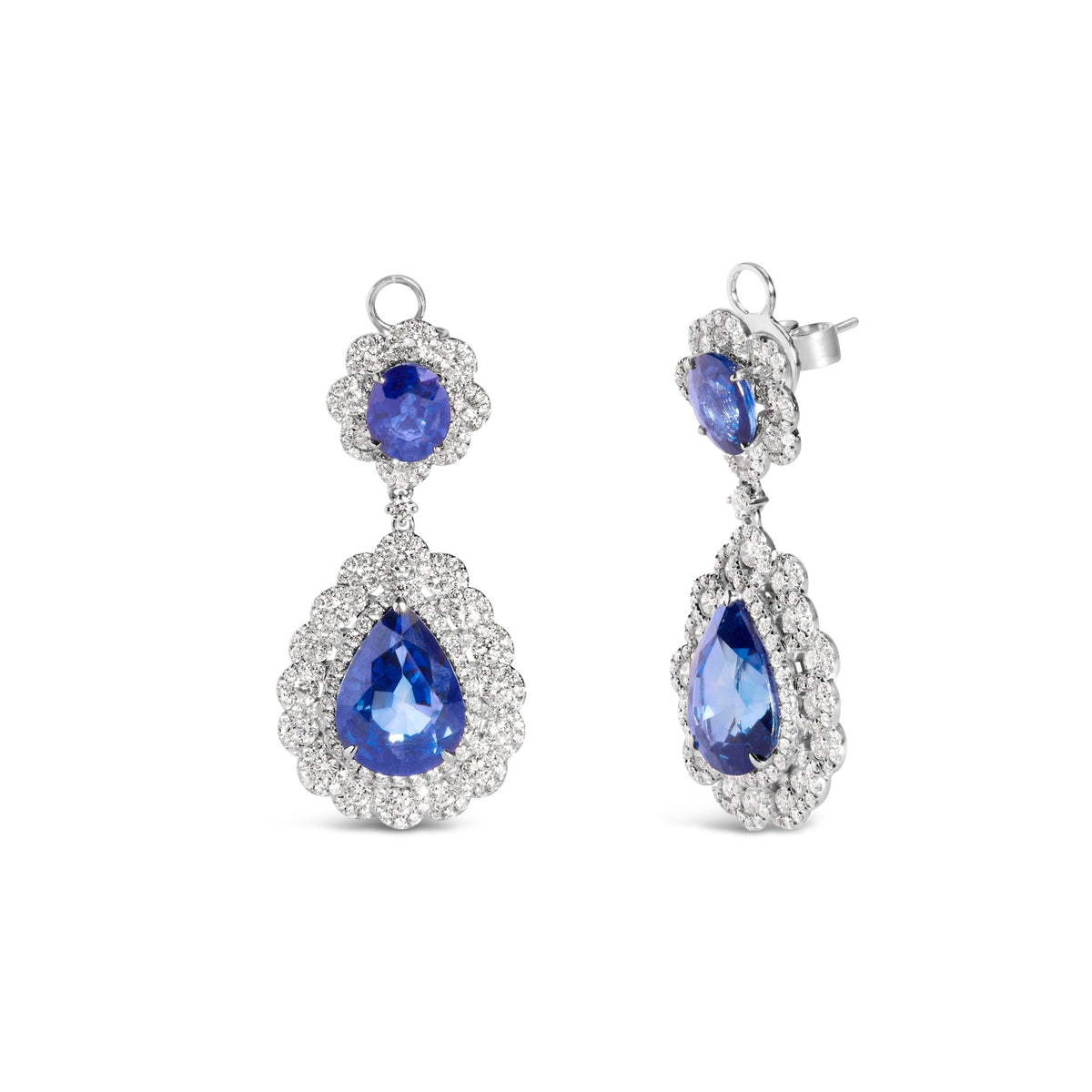 18K White Gold 25.0 Cttw Blue Sapphire and Diamond 4 5/8 Cttw Diamond Halo Dangle Earring (G - H Color, SI1 - SI2 Clarity) - LinkagejewelrydesignLinkagejewelrydesign