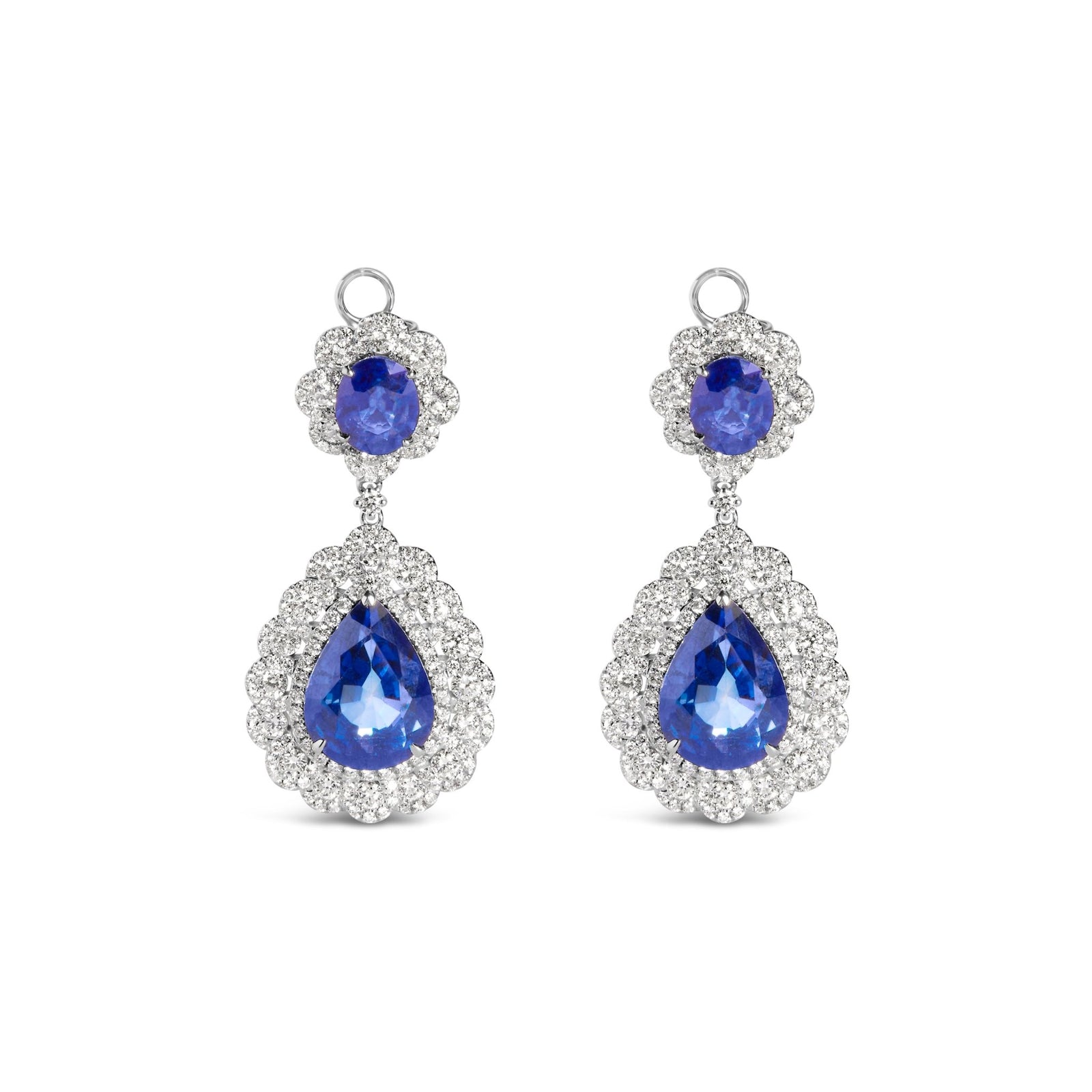 18K White Gold 25.0 Cttw Blue Sapphire and Diamond 4 5/8 Cttw Diamond Halo Dangle Earring (G - H Color, SI1 - SI2 Clarity) - LinkagejewelrydesignLinkagejewelrydesign