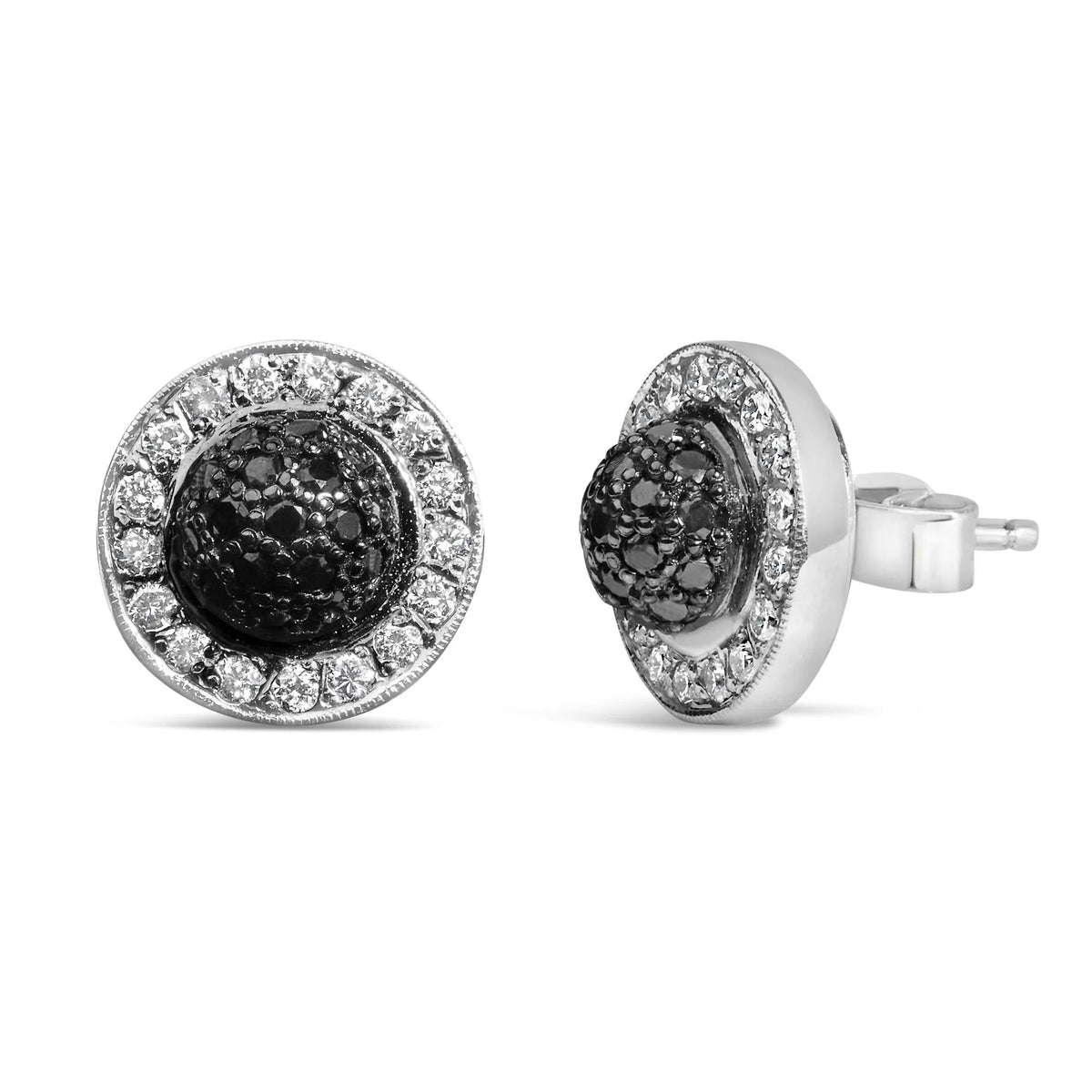 18K White Gold 3/4 Cttw Black and White Diamond Pave Set Dome and Halo Stud Earrings (F - G Color, VS1 - VS2 Clarity) - LinkagejewelrydesignLinkagejewelrydesign