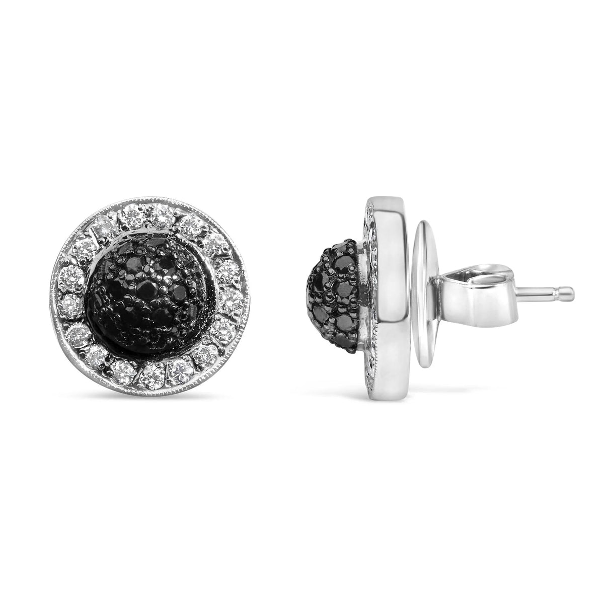 18K White Gold 3/4 Cttw Black and White Diamond Pave Set Dome and Halo Stud Earrings (F - G Color, VS1 - VS2 Clarity) - LinkagejewelrydesignLinkagejewelrydesign