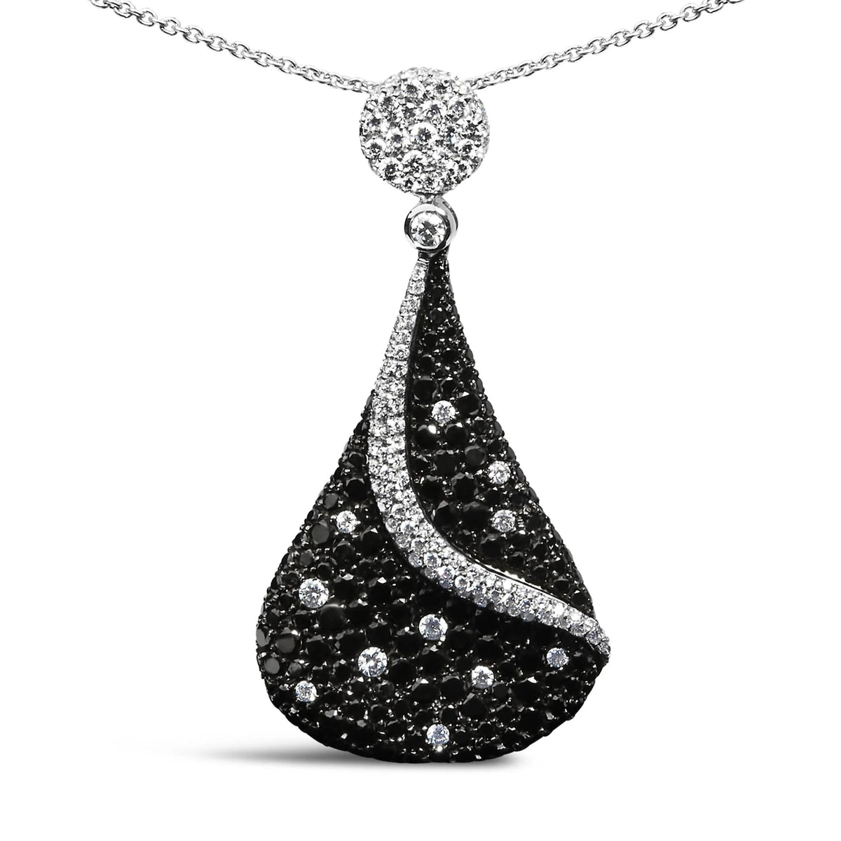 18K White Gold 6 1/3 Cttw Pave Set Black and White Diamond Teardrop Pendant Necklace (F - G Color, VS1 - VS2 Clarity) - 18 Inches - LinkagejewelrydesignLinkagejewelrydesign