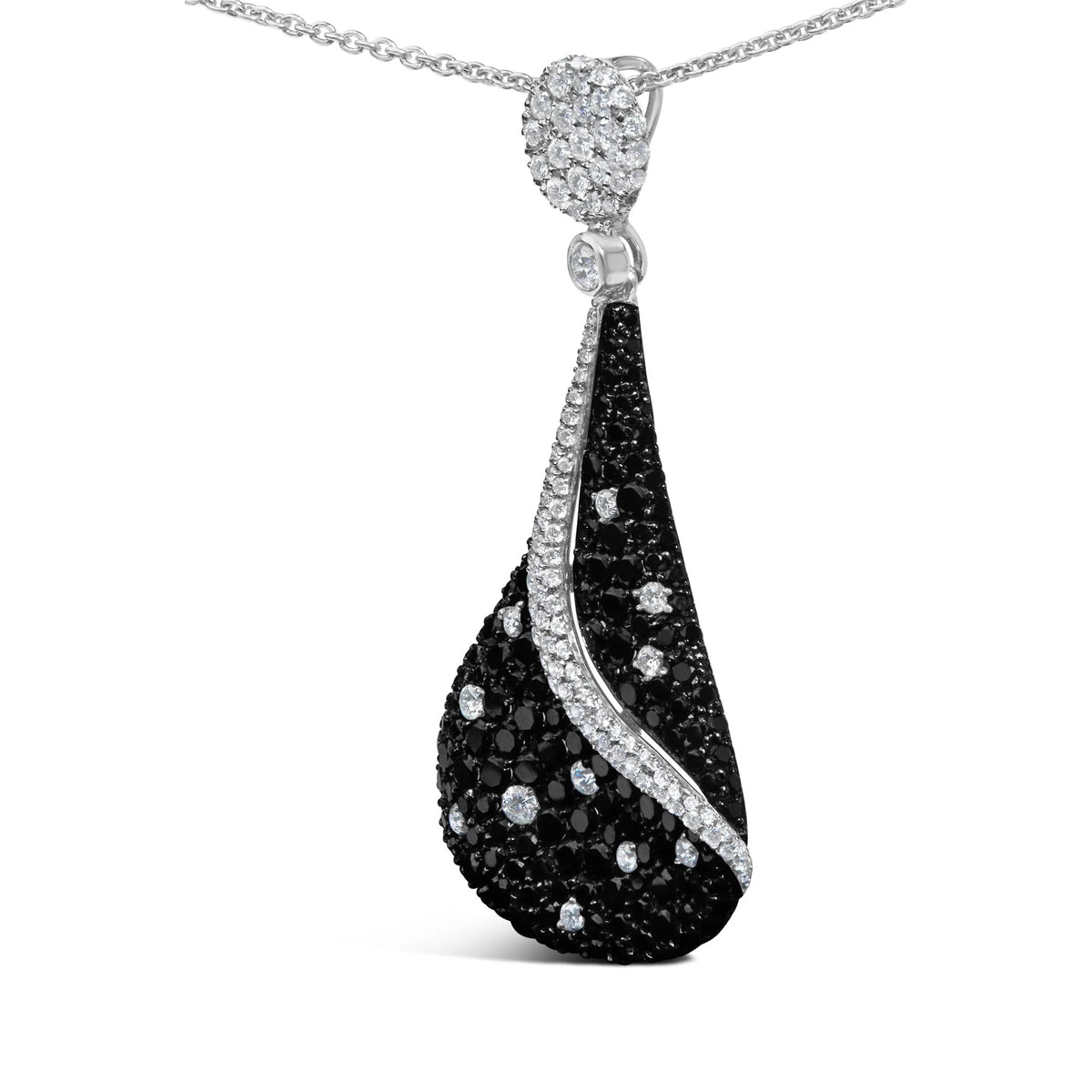18K White Gold 6 1/3 Cttw Pave Set Black and White Diamond Teardrop Pendant Necklace (F - G Color, VS1 - VS2 Clarity) - 18 Inches - LinkagejewelrydesignLinkagejewelrydesign