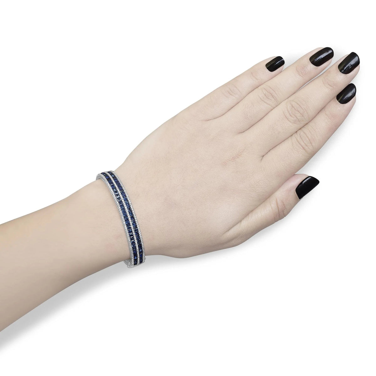 18K White Gold Alternating Diamond and 8.00 Cttw Princess Cut Blue Sapphire Multi Row Bangle Bracelet (G - H Color, VS1 - VS2 Clarity) - 7" Inches - LinkagejewelrydesignLinkagejewelrydesign