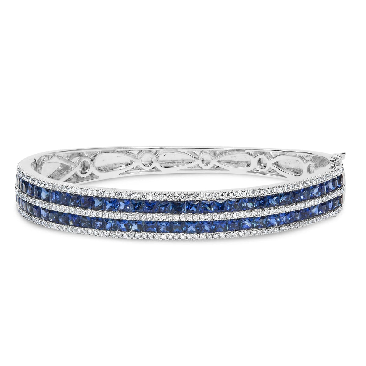 18K White Gold Alternating Diamond and 8.00 Cttw Princess Cut Blue Sapphire Multi Row Bangle Bracelet (G - H Color, VS1 - VS2 Clarity) - 7" Inches - LinkagejewelrydesignLinkagejewelrydesign
