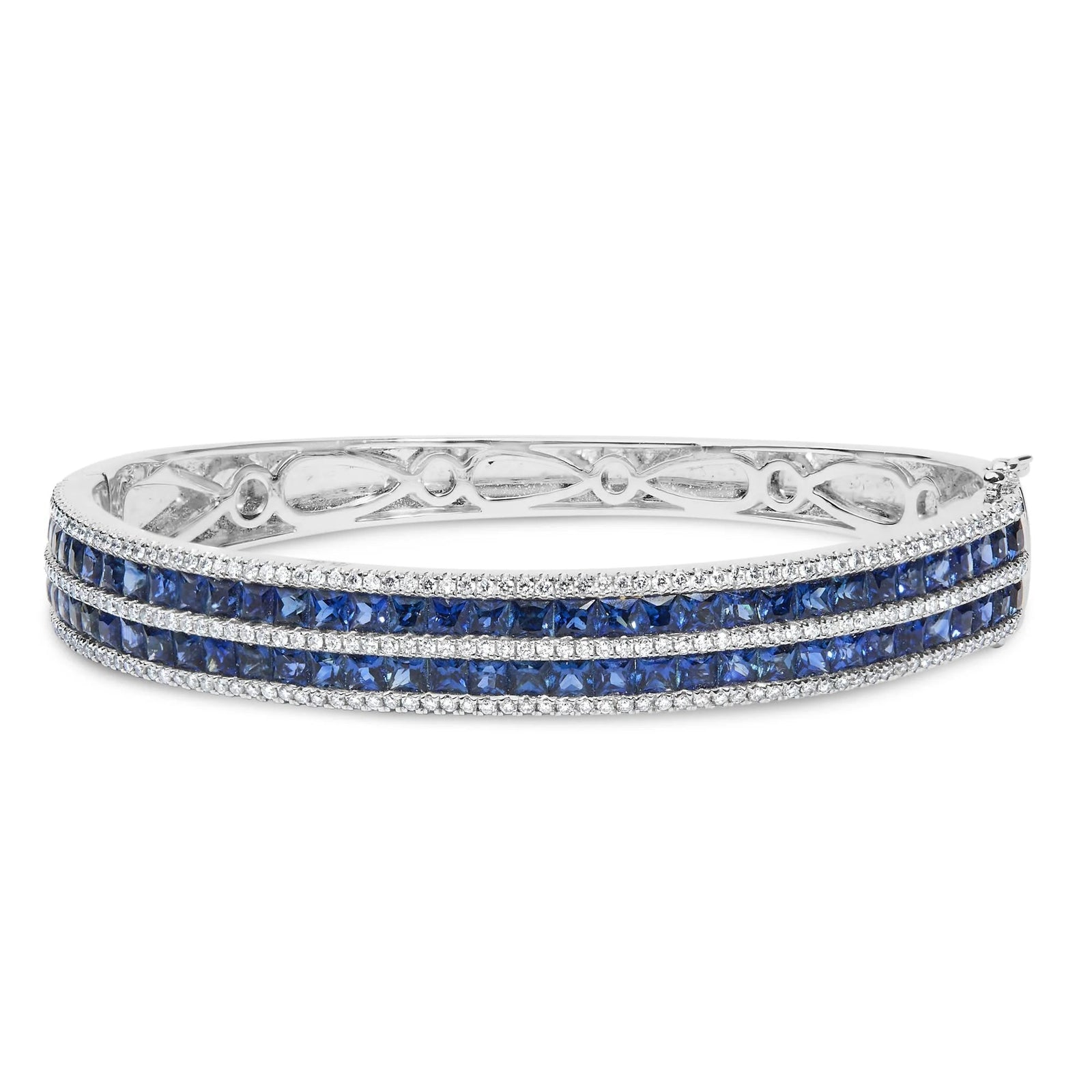 18K White Gold Alternating Diamond and 8.00 Cttw Princess Cut Blue Sapphire Multi Row Bangle Bracelet (G - H Color, VS1 - VS2 Clarity) - 7" Inches - LinkagejewelrydesignLinkagejewelrydesign
