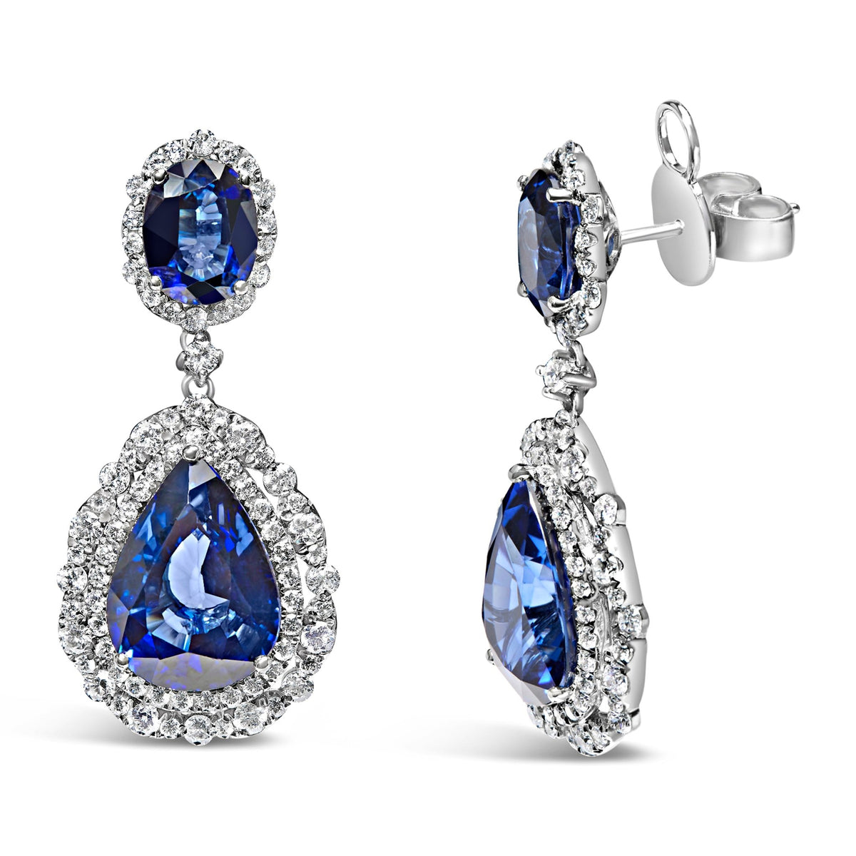 18K White Gold Blue Sapphire 2 3/4 Cttw Diamond Halo Drop Dangle Earring (G - H Color, SI1 - SI2 Clarity) - LinkagejewelrydesignLinkagejewelrydesign