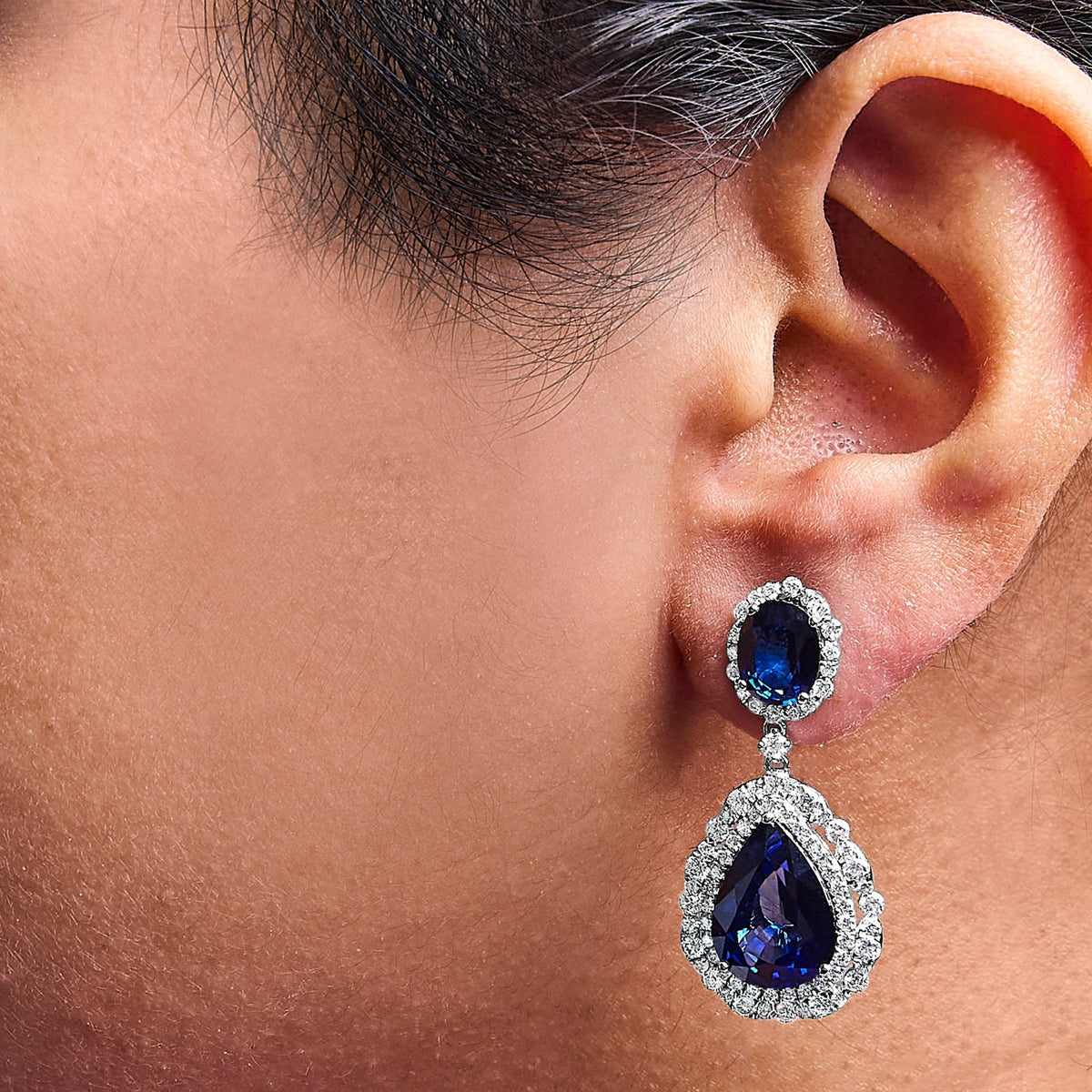 18K White Gold Blue Sapphire 2 3/4 Cttw Diamond Halo Drop Dangle Earring (G - H Color, SI1 - SI2 Clarity) - LinkagejewelrydesignLinkagejewelrydesign