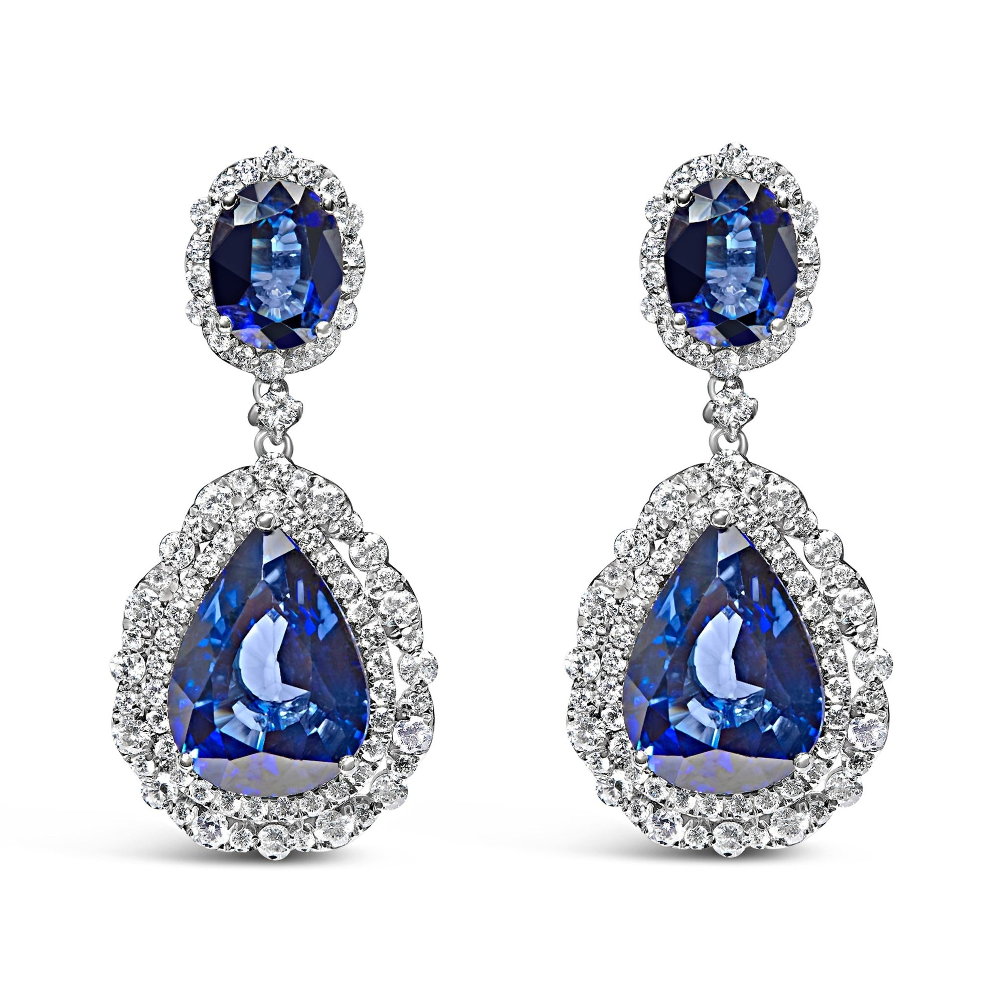 18K White Gold Blue Sapphire 2 3/4 Cttw Diamond Halo Drop Dangle Earring (G - H Color, SI1 - SI2 Clarity) - LinkagejewelrydesignLinkagejewelrydesign