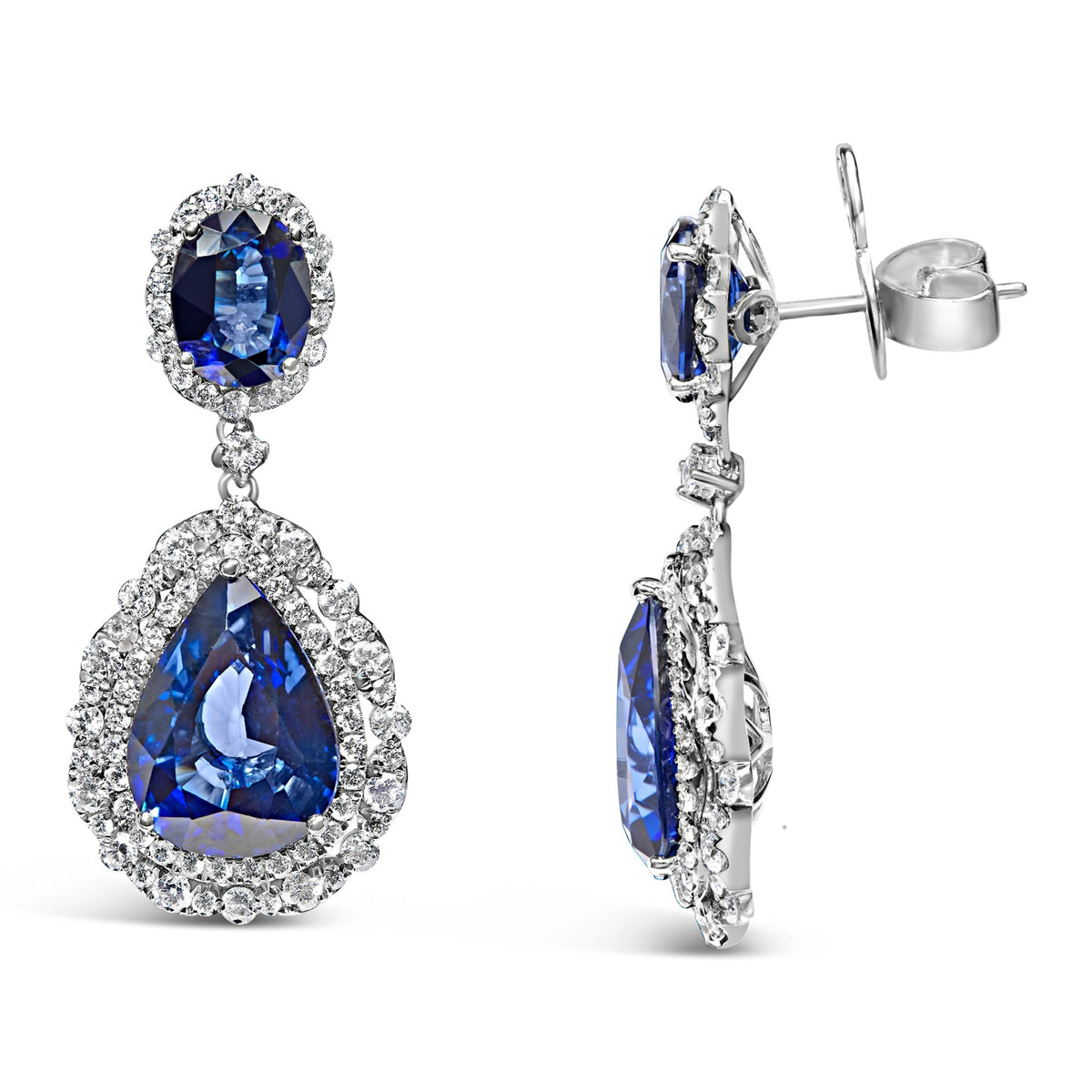 18K White Gold Blue Sapphire 2 3/4 Cttw Diamond Halo Drop Dangle Earring (G - H Color, SI1 - SI2 Clarity) - LinkagejewelrydesignLinkagejewelrydesign