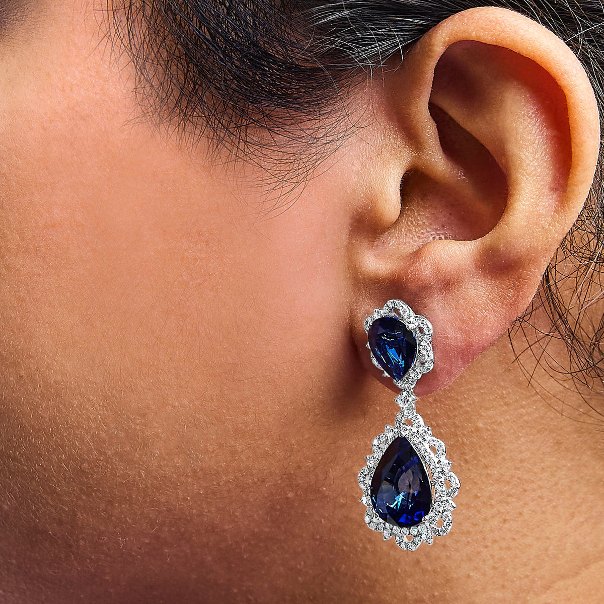 18K White Gold Blue Sapphire and Diamond 2.00 Cttw Diamond Halo Drop and Dangle Earring (G - H Color, SI1 - SI2 Clarity) - LinkagejewelrydesignLinkagejewelrydesign