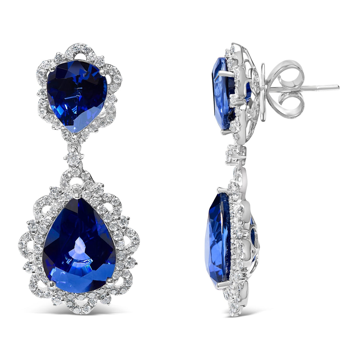 18K White Gold Blue Sapphire and Diamond 2.00 Cttw Diamond Halo Drop and Dangle Earring (G - H Color, SI1 - SI2 Clarity) - LinkagejewelrydesignLinkagejewelrydesign