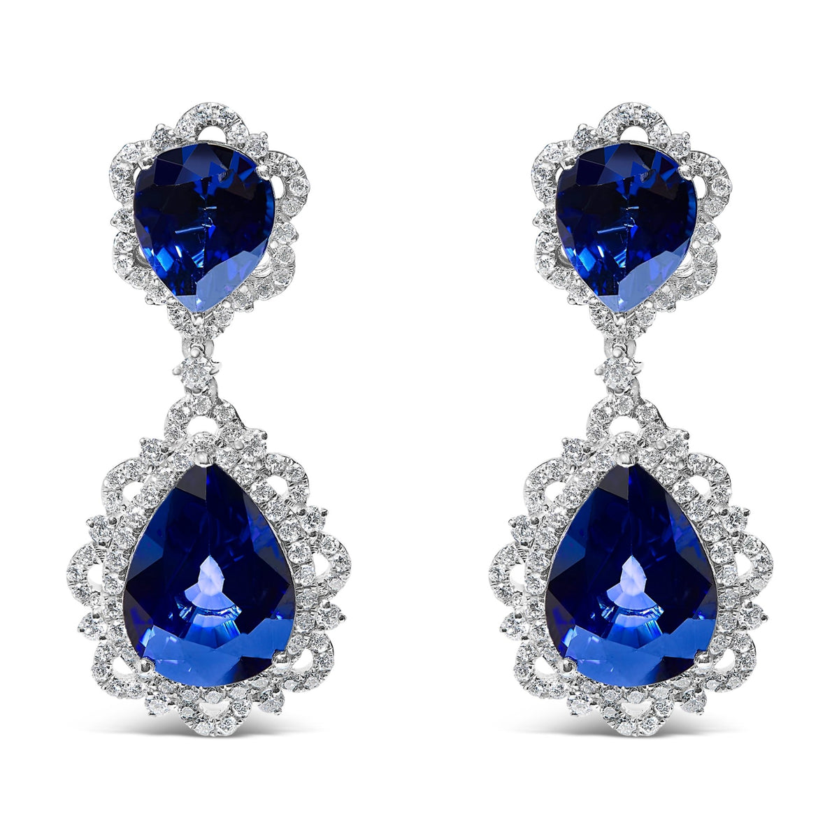 18K White Gold Blue Sapphire and Diamond 2.00 Cttw Diamond Halo Drop and Dangle Earring (G - H Color, SI1 - SI2 Clarity) - LinkagejewelrydesignLinkagejewelrydesign
