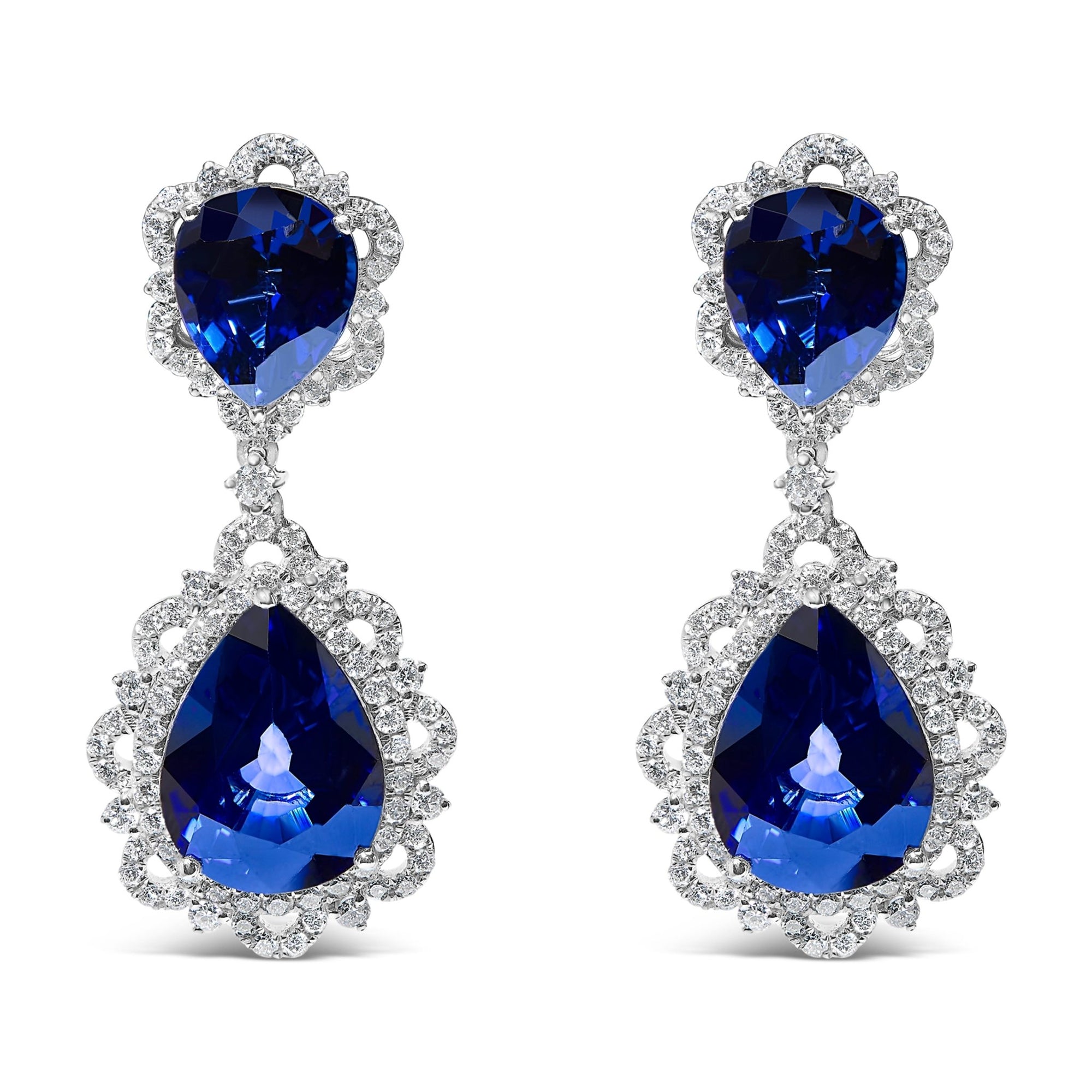 18K White Gold Blue Sapphire and Diamond 2.00 Cttw Diamond Halo Drop and Dangle Earring (G - H Color, SI1 - SI2 Clarity) - LinkagejewelrydesignLinkagejewelrydesign