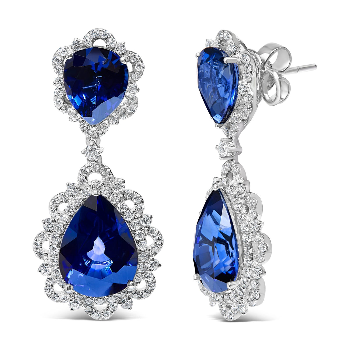 18K White Gold Blue Sapphire and Diamond 2.00 Cttw Diamond Halo Drop and Dangle Earring (G - H Color, SI1 - SI2 Clarity) - LinkagejewelrydesignLinkagejewelrydesign