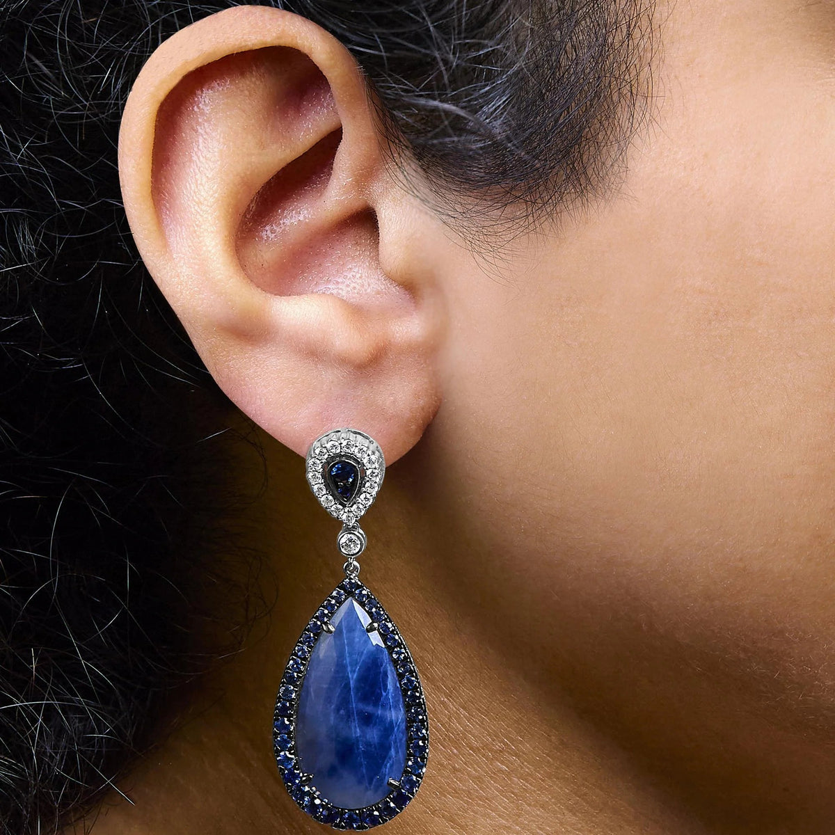 18K White Gold Earring 30x15MM Pear Shaped Blue Sapphire and Diamond Halo Drop and Dangle Earrings (F - G Color, VS1 - VS2 Clarity) - LinkagejewelrydesignLinkagejewelrydesign