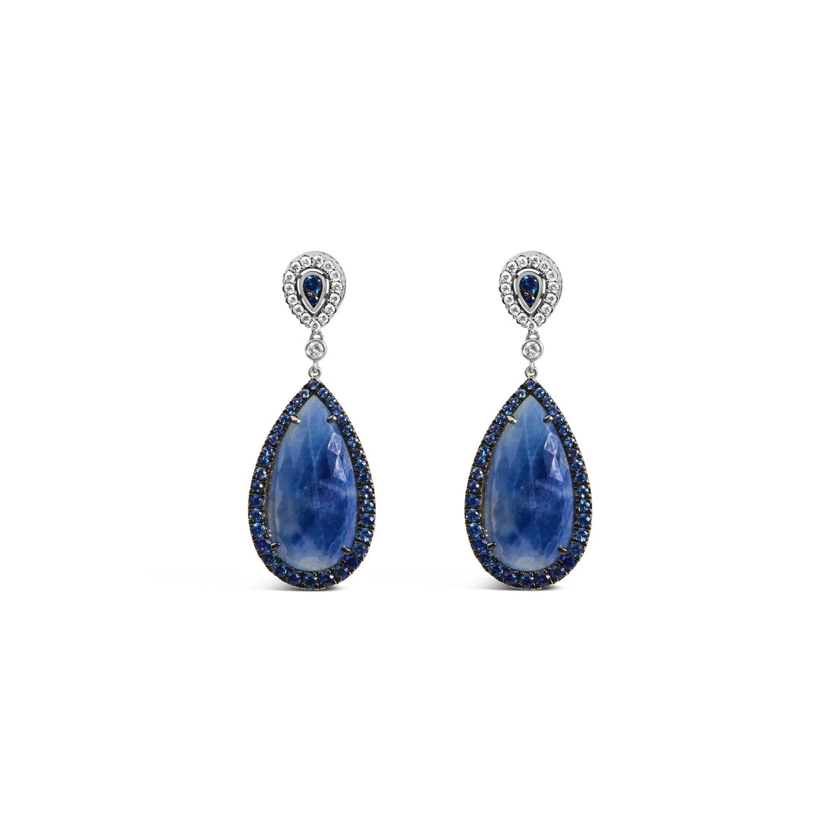 18K White Gold Earring 30x15MM Pear Shaped Blue Sapphire and Diamond Halo Drop and Dangle Earrings (F - G Color, VS1 - VS2 Clarity) - LinkagejewelrydesignLinkagejewelrydesign