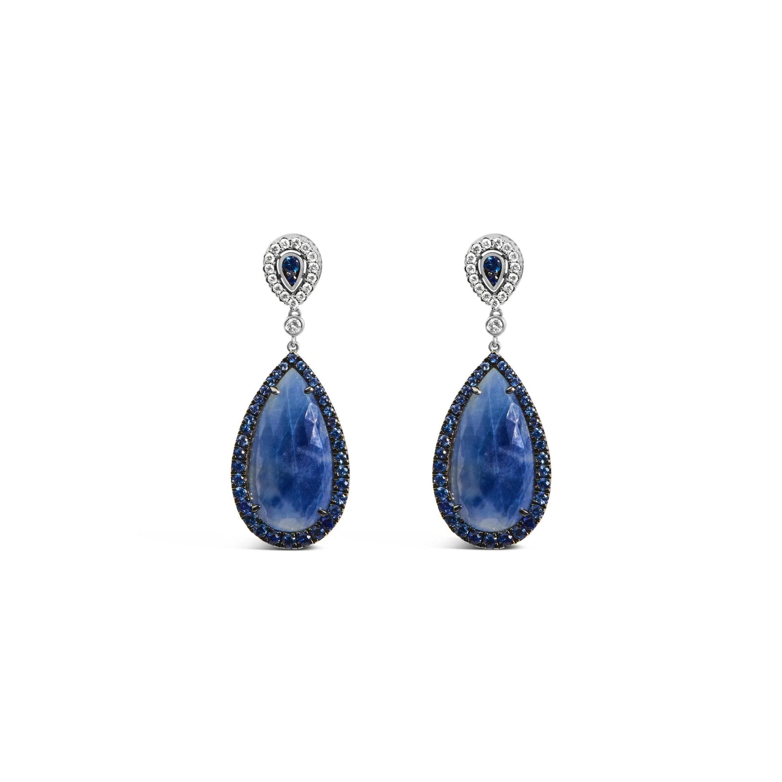 18K White Gold Earring 30x15MM Pear Shaped Blue Sapphire and Diamond Halo Drop and Dangle Earrings (F - G Color, VS1 - VS2 Clarity) - LinkagejewelrydesignLinkagejewelrydesign