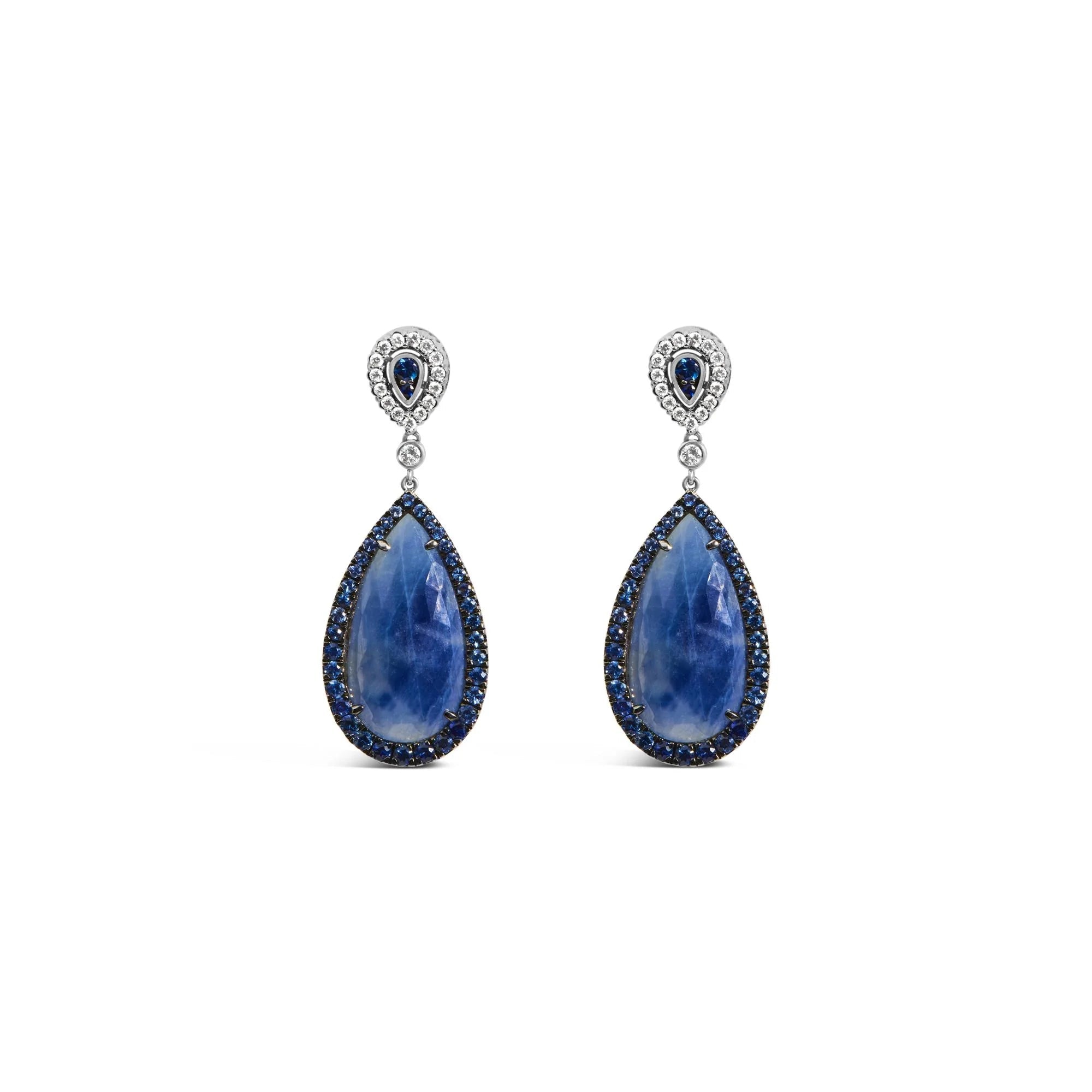 18K White Gold Earring 30x15MM Pear Shaped Blue Sapphire and Diamond Halo Drop and Dangle Earrings (F - G Color, VS1 - VS2 Clarity) - LinkagejewelrydesignLinkagejewelrydesign