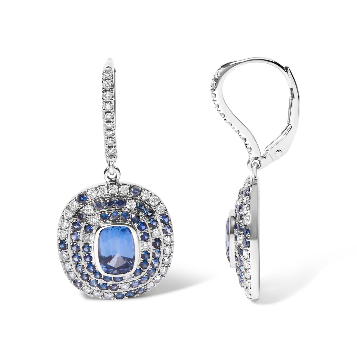 18K White Gold Natural Blue Sapphire and Diamond Scattered Halo Drop and Dangle Leverback Earrings (H - I Color, SI1 - SI2 Clarity) - LinkagejewelrydesignLinkagejewelrydesign