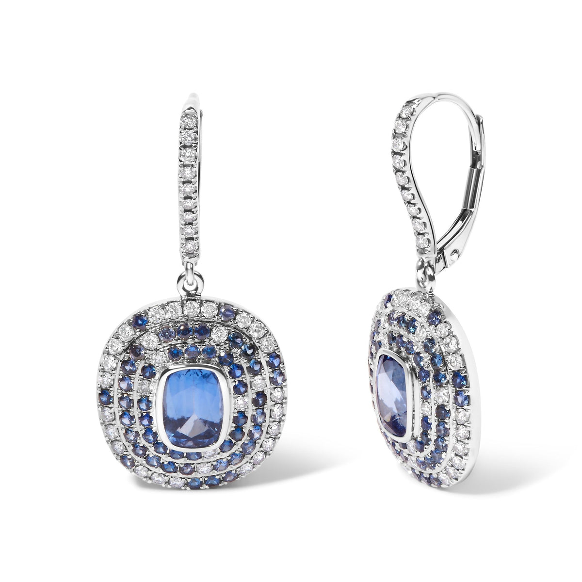 18K White Gold Natural Blue Sapphire and Diamond Scattered Halo Drop and Dangle Leverback Earrings (H - I Color, SI1 - SI2 Clarity) - LinkagejewelrydesignLinkagejewelrydesign