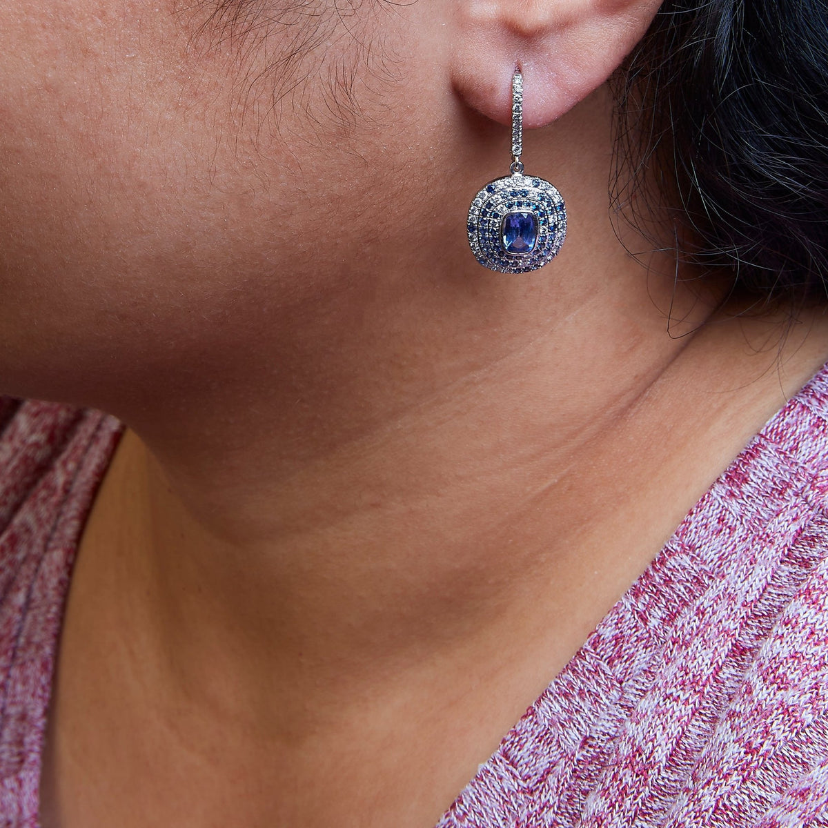 18K White Gold Natural Blue Sapphire and Diamond Scattered Halo Drop and Dangle Leverback Earrings (H - I Color, SI1 - SI2 Clarity) - LinkagejewelrydesignLinkagejewelrydesign