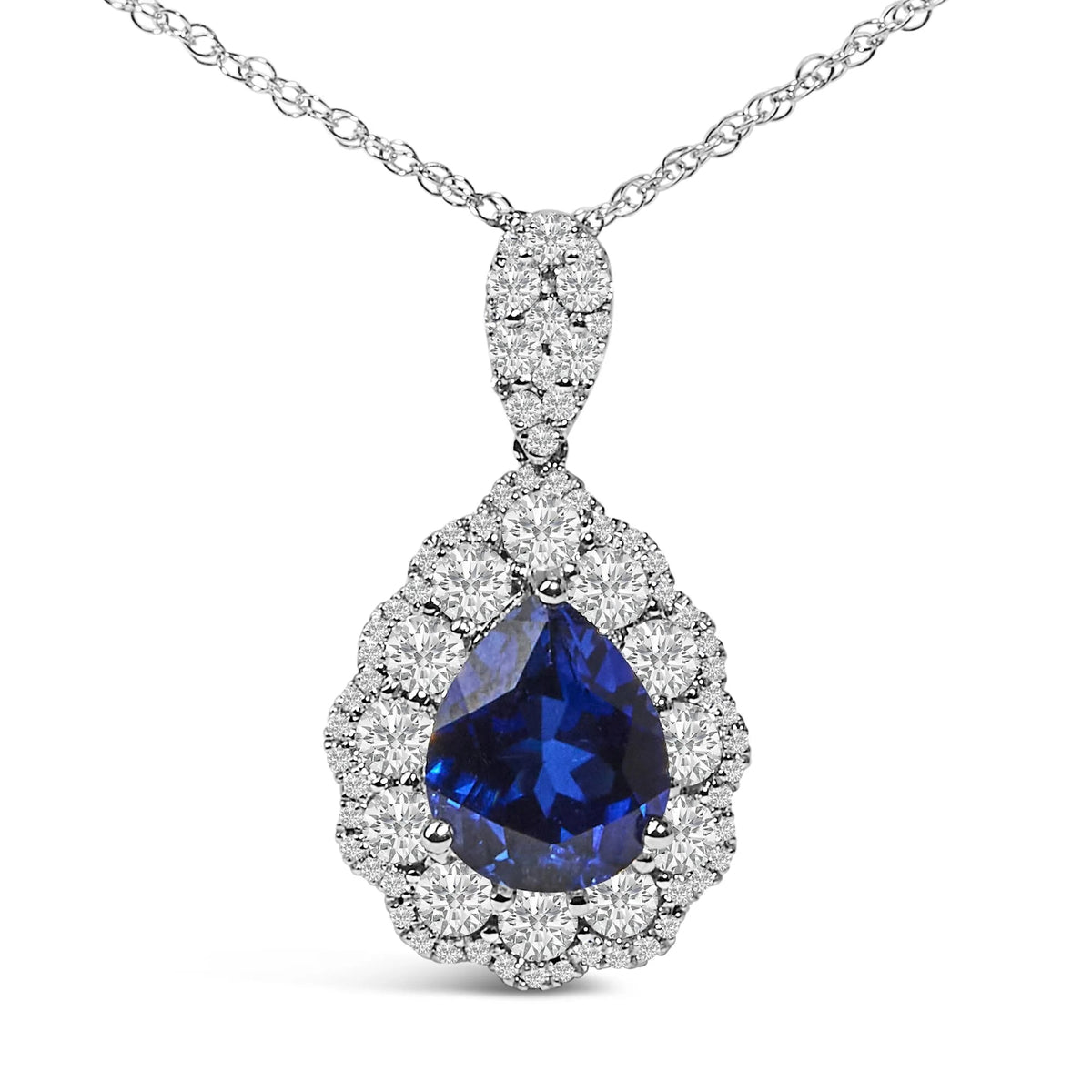 18K White Gold Recrystallized 9x7 MM Pear Shaped Blue Sapphire and 2 4/5 Cttw Diamond Halo and Bail 18" Inch Pendant Necklace (G - H Color, SI1 - SI2 Clarity) - LinkagejewelrydesignLinkagejewelrydesign