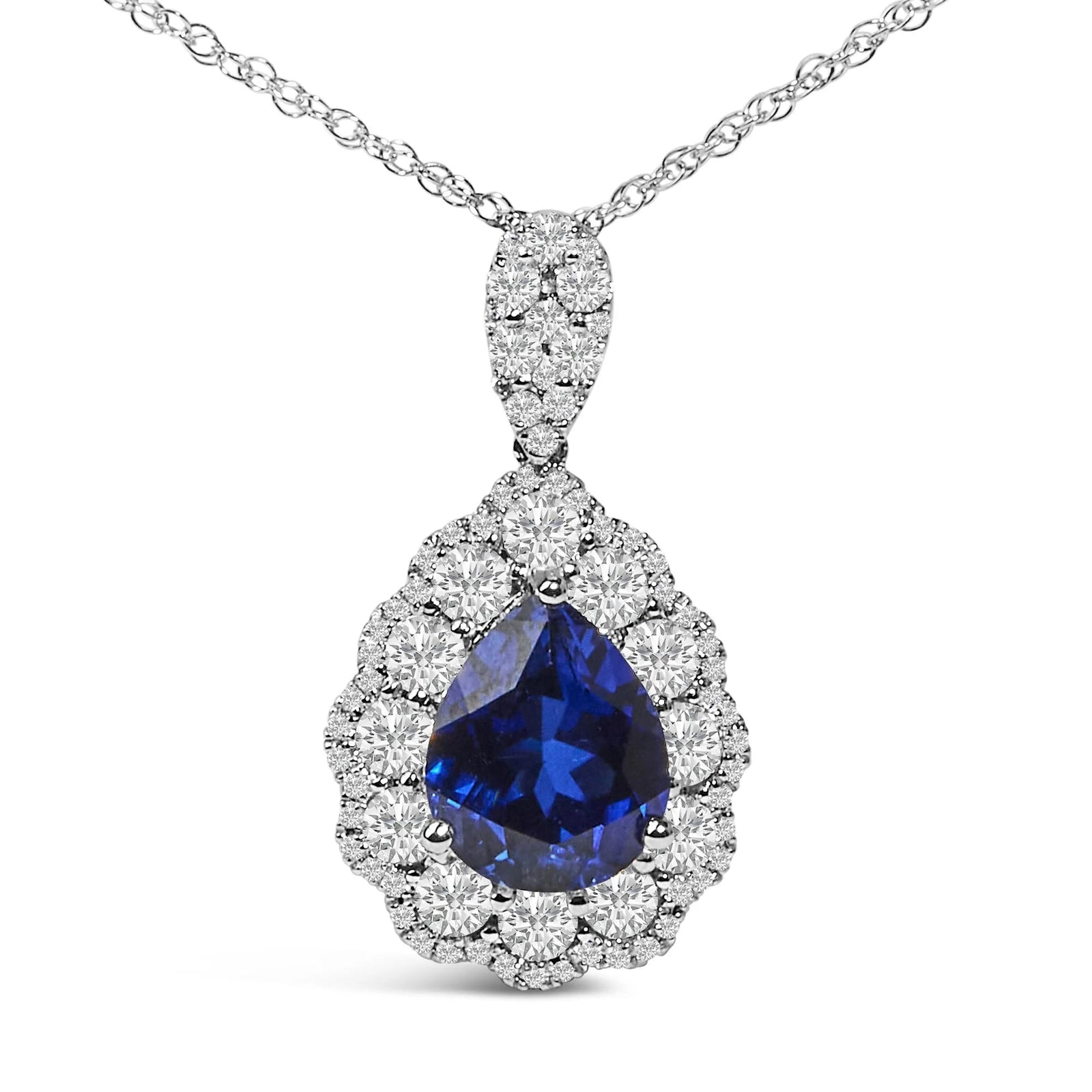 18K White Gold Recrystallized 9x7 MM Pear Shaped Blue Sapphire and 2 4/5 Cttw Diamond Halo and Bail 18" Inch Pendant Necklace (G - H Color, SI1 - SI2 Clarity) - LinkagejewelrydesignLinkagejewelrydesign