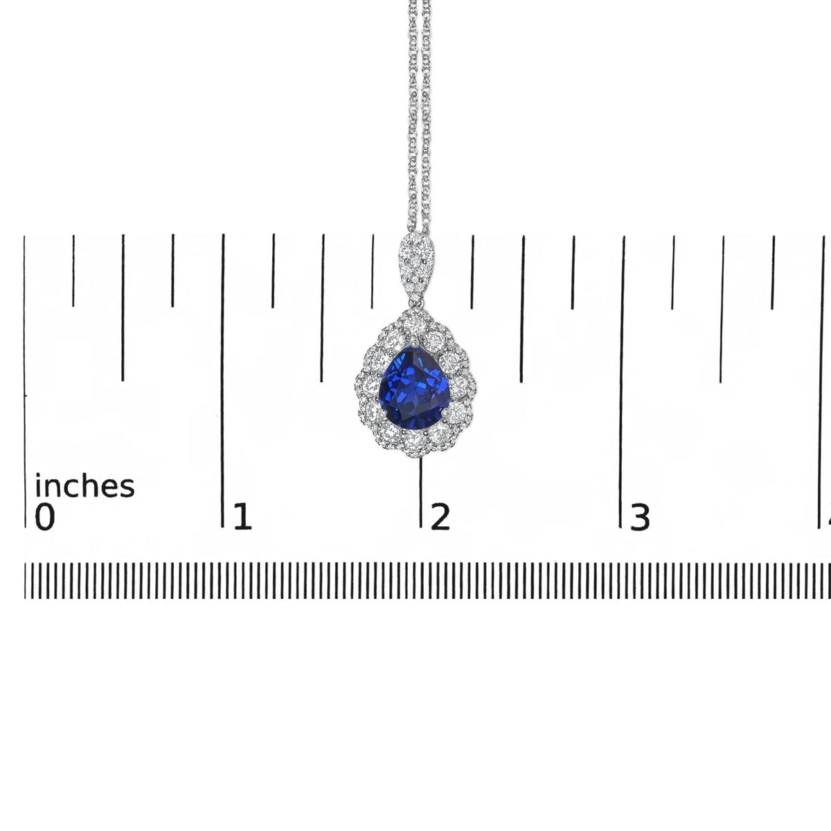 18K White Gold Recrystallized 9x7 MM Pear Shaped Blue Sapphire and 2 4/5 Cttw Diamond Halo and Bail 18" Inch Pendant Necklace (G - H Color, SI1 - SI2 Clarity) - LinkagejewelrydesignLinkagejewelrydesign