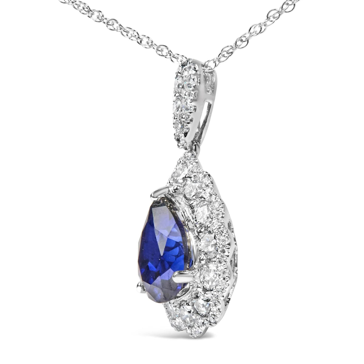 18K White Gold Recrystallized 9x7 MM Pear Shaped Blue Sapphire and 2 4/5 Cttw Diamond Halo and Bail 18" Inch Pendant Necklace (G - H Color, SI1 - SI2 Clarity) - LinkagejewelrydesignLinkagejewelrydesign