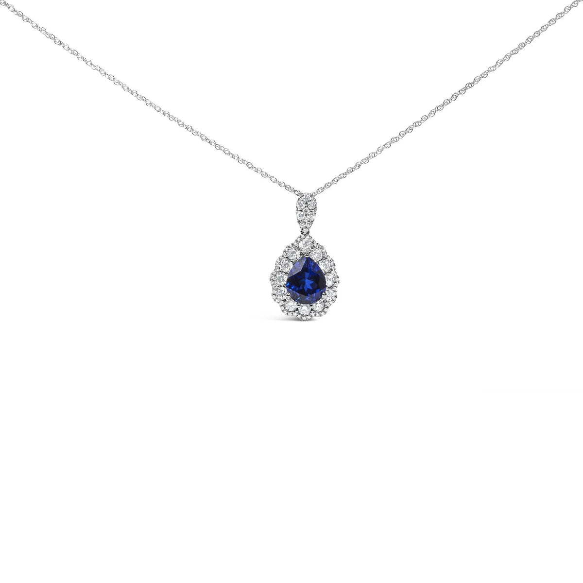 18K White Gold Recrystallized 9x7 MM Pear Shaped Blue Sapphire and 2 4/5 Cttw Diamond Halo and Bail 18" Inch Pendant Necklace (G - H Color, SI1 - SI2 Clarity) - LinkagejewelrydesignLinkagejewelrydesign