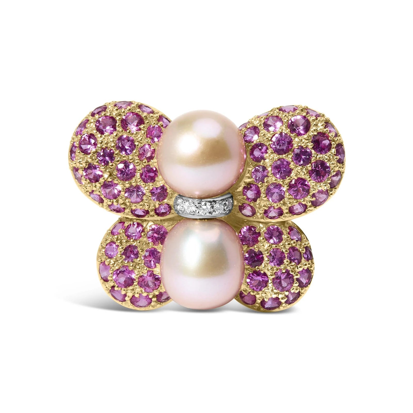 18K Yellow and White Gold 9MM South Sea Pearl and Pink Sapphire Butterfly Pin Brooch with Diamond Accent (F - G Color, VS1 - VS2 Clarity) - LinkagejewelrydesignLinkagejewelrydesign