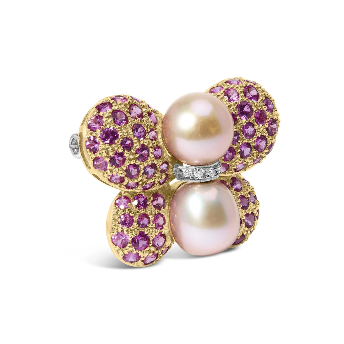 18K Yellow and White Gold 9MM South Sea Pearl and Pink Sapphire Butterfly Pin Brooch with Diamond Accent (F - G Color, VS1 - VS2 Clarity) - LinkagejewelrydesignLinkagejewelrydesign