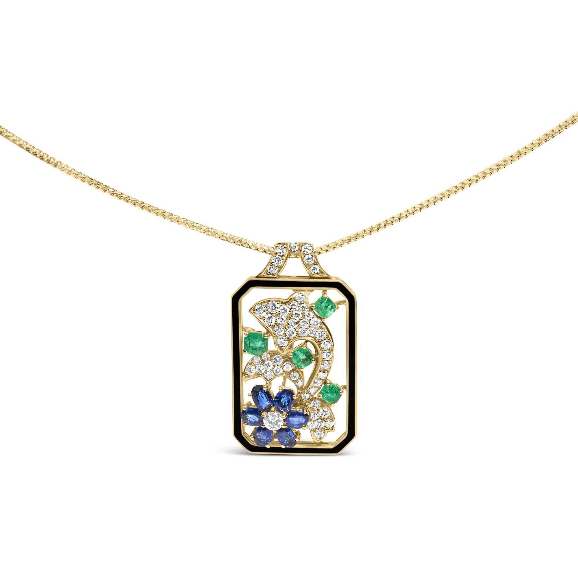 18K Yellow Gold 2 1/3 Cttw Diamond, Sapphire, and Emerald Dog Tag with Dolphin Silhouette Convertible 18" Pendant Necklace and Brooch (G - H Color, SI1 - SI2 Clarity) - LinkagejewelrydesignLinkagejewelrydesign