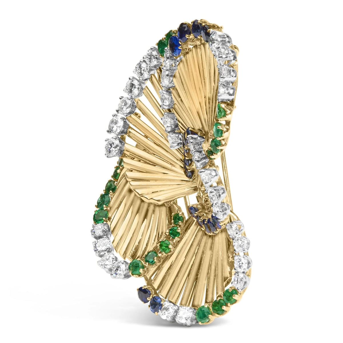 18K Yellow Gold 2 1/3 Cttw Diamond, Sapphire, and Emerald Sculpted Petal Brooch Pin (G - H Color, VS1 - VS2 Clarity) - LinkagejewelrydesignLinkagejewelrydesign
