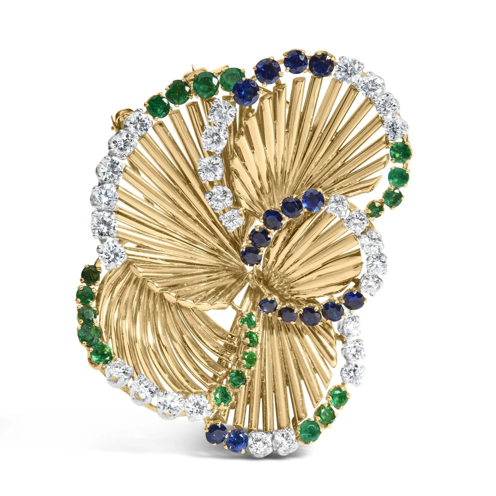 18K Yellow Gold 2 1/3 Cttw Diamond, Sapphire, and Emerald Sculpted Petal Brooch Pin (G - H Color, VS1 - VS2 Clarity) - LinkagejewelrydesignLinkagejewelrydesign