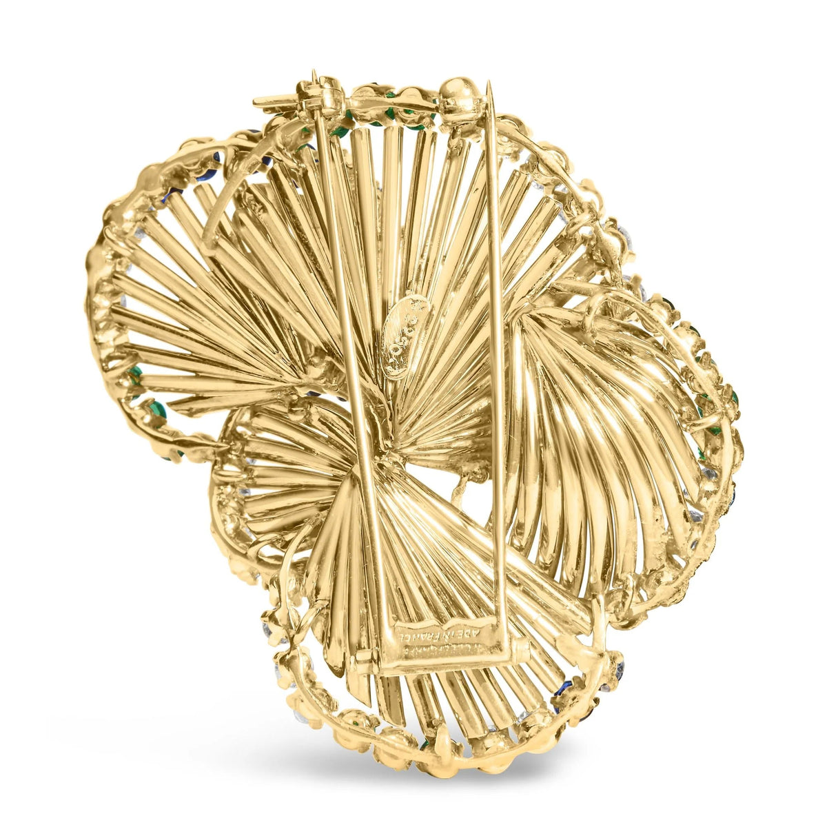18K Yellow Gold 2 1/3 Cttw Diamond, Sapphire, and Emerald Sculpted Petal Brooch Pin (G - H Color, VS1 - VS2 Clarity) - LinkagejewelrydesignLinkagejewelrydesign