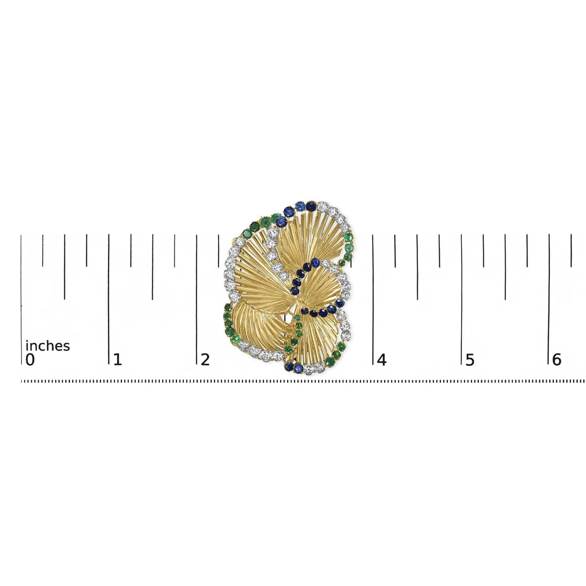 18K Yellow Gold 2 1/3 Cttw Diamond, Sapphire, and Emerald Sculpted Petal Brooch Pin (G - H Color, VS1 - VS2 Clarity) - LinkagejewelrydesignLinkagejewelrydesign