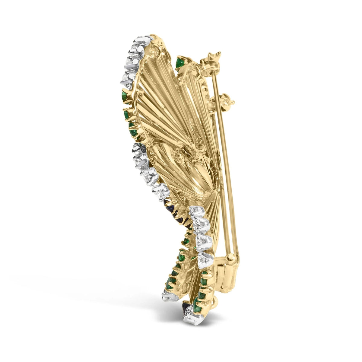 18K Yellow Gold 2 1/3 Cttw Diamond, Sapphire, and Emerald Sculpted Petal Brooch Pin (G - H Color, VS1 - VS2 Clarity) - LinkagejewelrydesignLinkagejewelrydesign