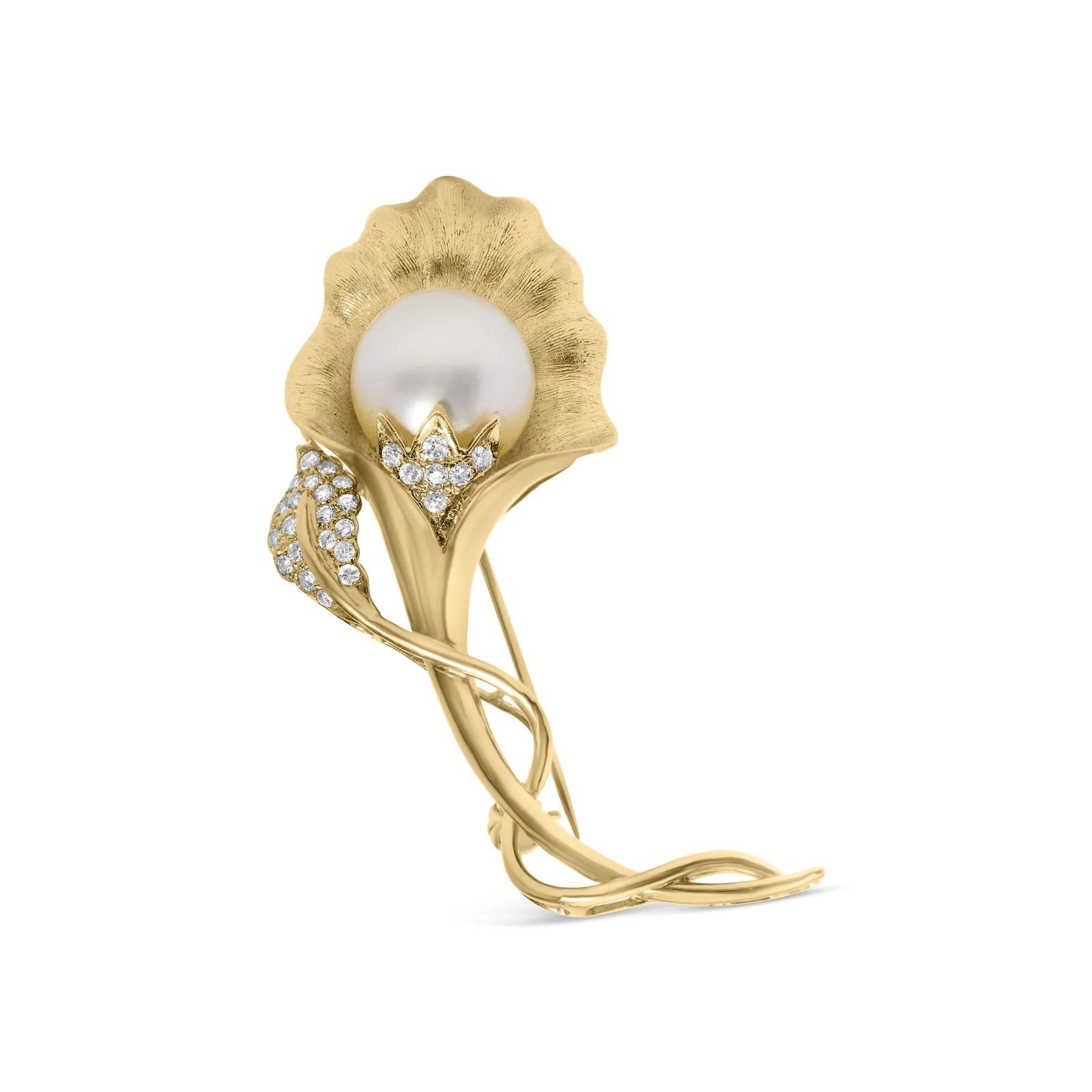18K Yellow Gold 2/5 Cttw Diamond and 12MM Cultured South Sea Pearl Flower Pin Brooch (G - H Color, VS1 - VS2 Clarity) - LinkagejewelrydesignLinkagejewelrydesign