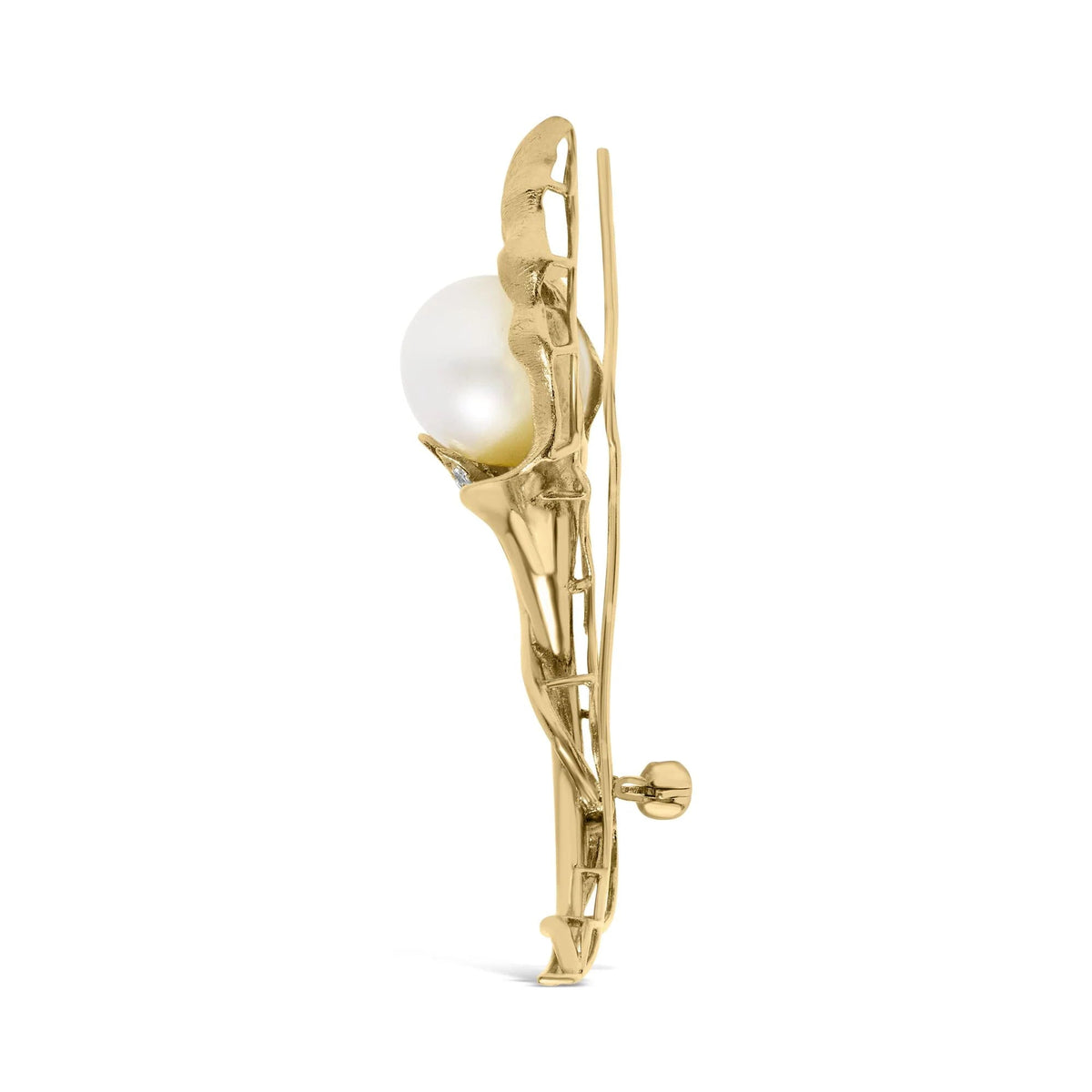 18K Yellow Gold 2/5 Cttw Diamond and 12MM Cultured South Sea Pearl Flower Pin Brooch (G - H Color, VS1 - VS2 Clarity) - LinkagejewelrydesignLinkagejewelrydesign