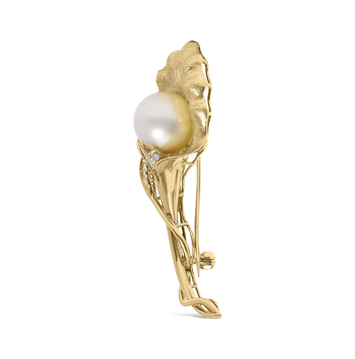 18K Yellow Gold 2/5 Cttw Diamond and 12MM Cultured South Sea Pearl Flower Pin Brooch (G - H Color, VS1 - VS2 Clarity) - LinkagejewelrydesignLinkagejewelrydesign