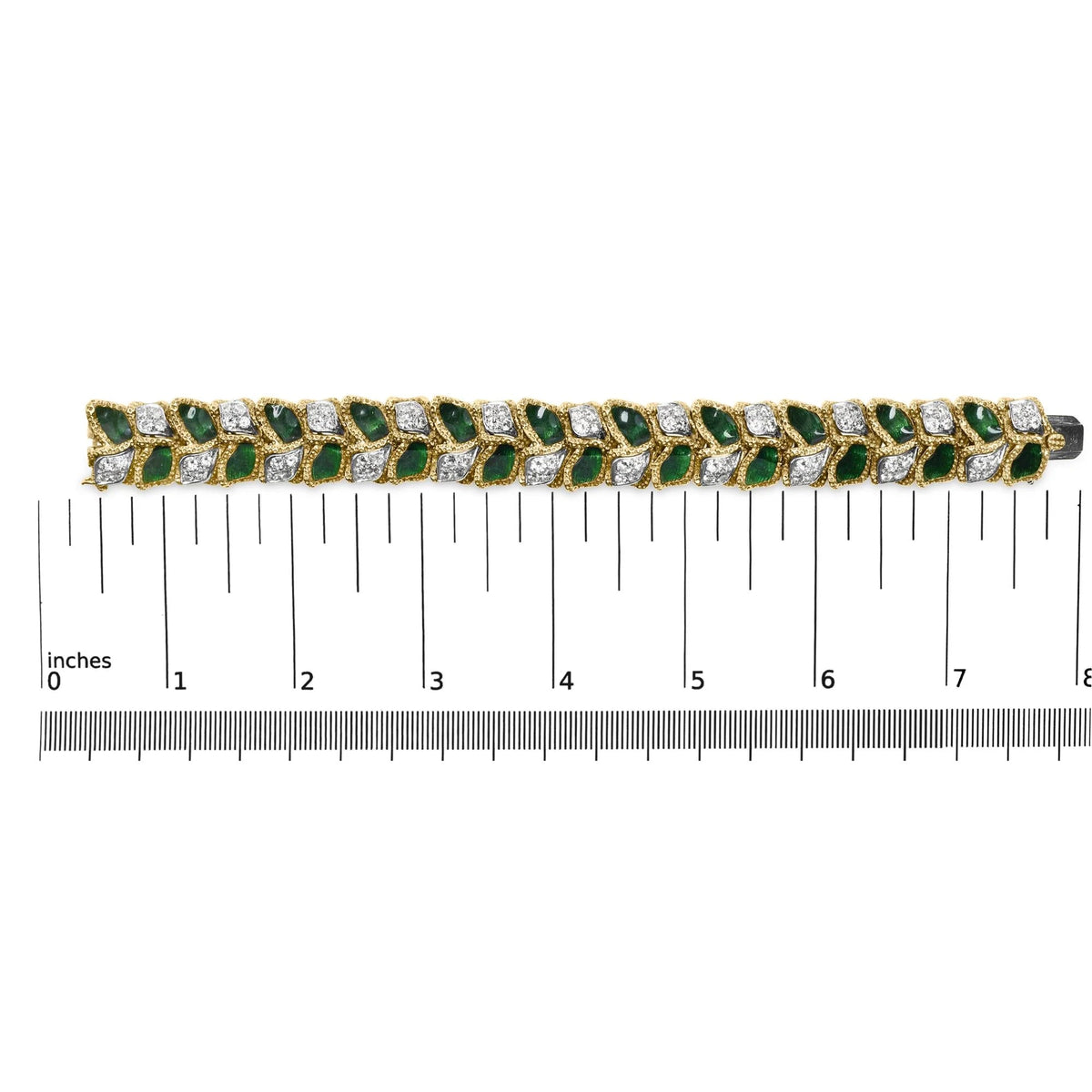18K Yellow Gold 3 1/4 Cttw Diamond and Green Enamel Gold Textured Bracelet (G - H Color, VS1 - VS2 Clarity) - 7" Inches - LinkagejewelrydesignLinkagejewelrydesign