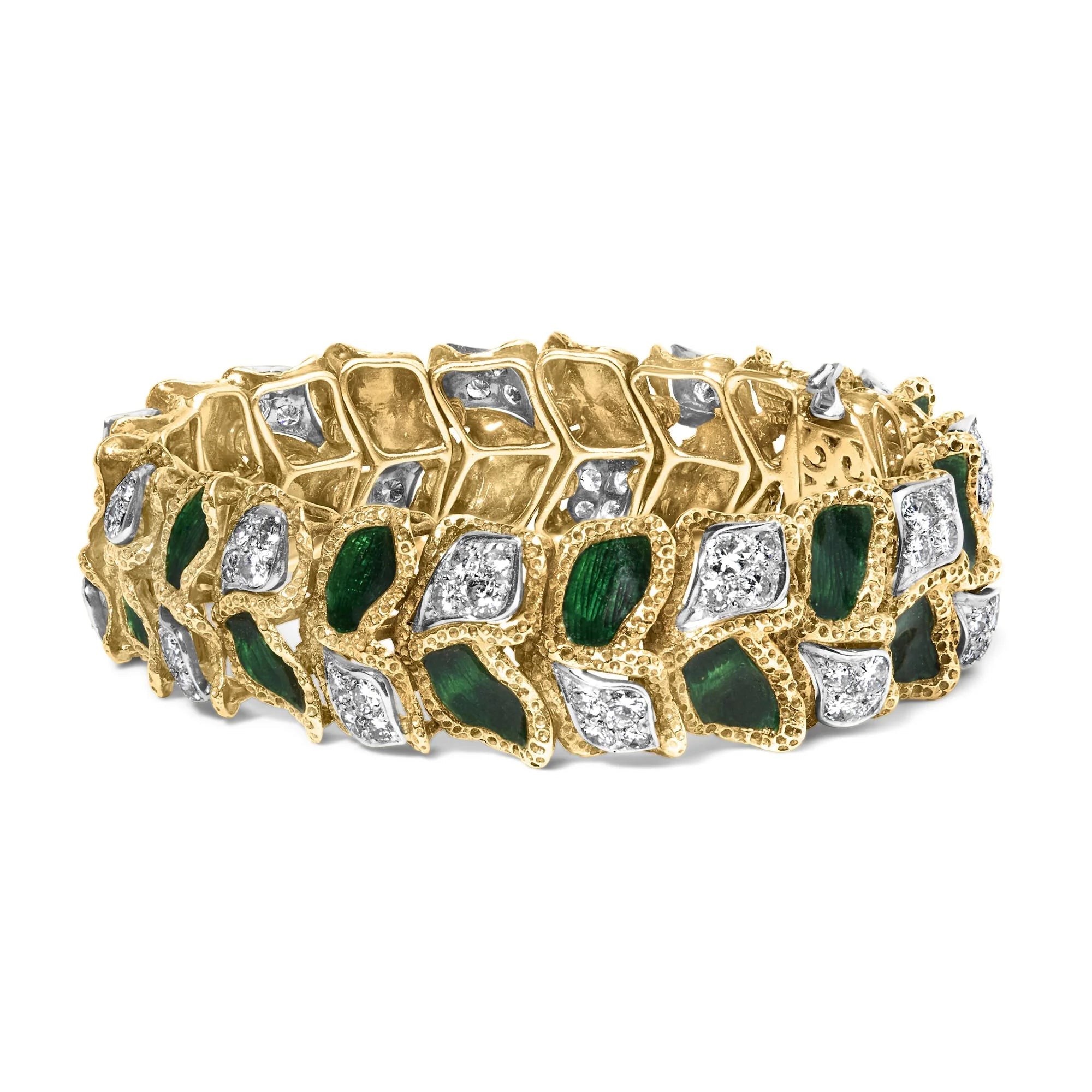 18K Yellow Gold 3 1/4 Cttw Diamond and Green Enamel Gold Textured Bracelet (G - H Color, VS1 - VS2 Clarity) - 7" Inches - LinkagejewelrydesignLinkagejewelrydesign